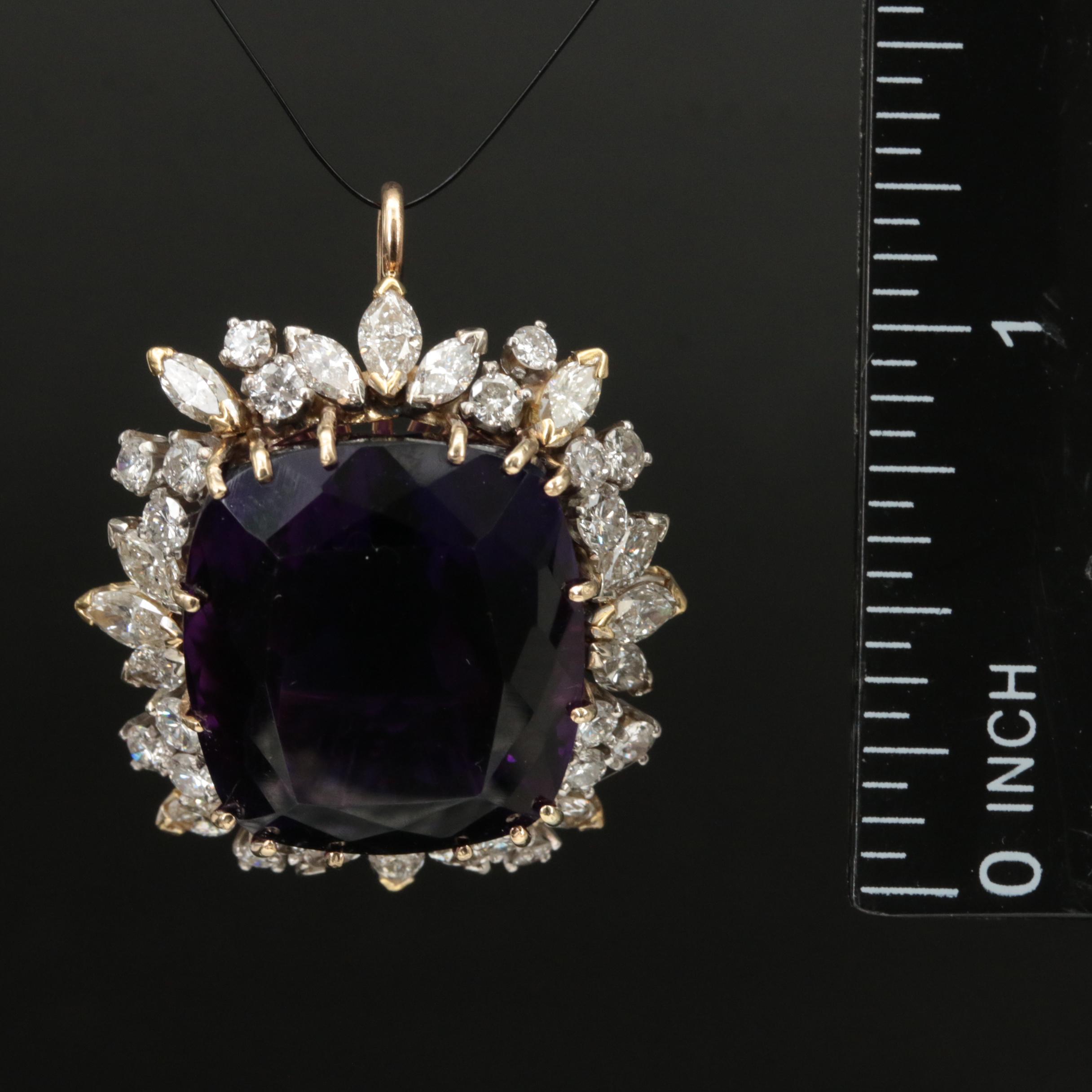 1960s 14K 37.42 CT Amethyst and 3.54 CTW Diamond Pendant