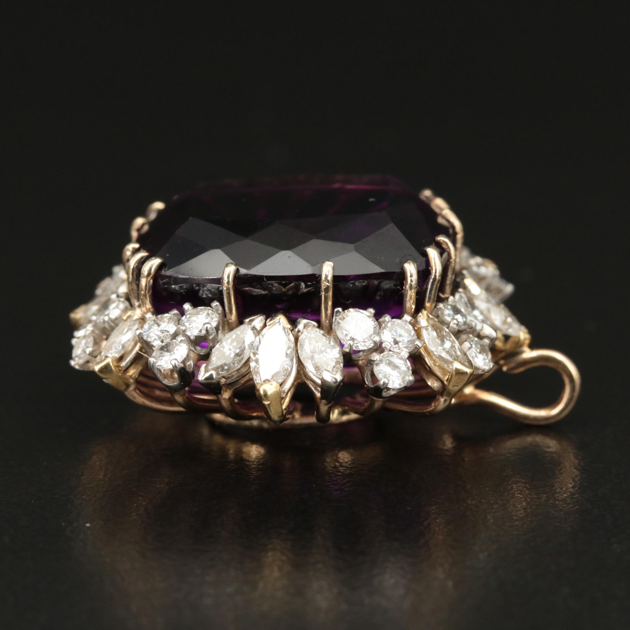1960s 14K 37.42 CT Amethyst and 3.54 CTW Diamond Pendant
