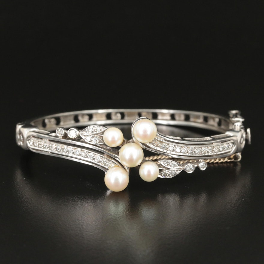1950s 14K Pearl and Diamond Hinged Bracelet