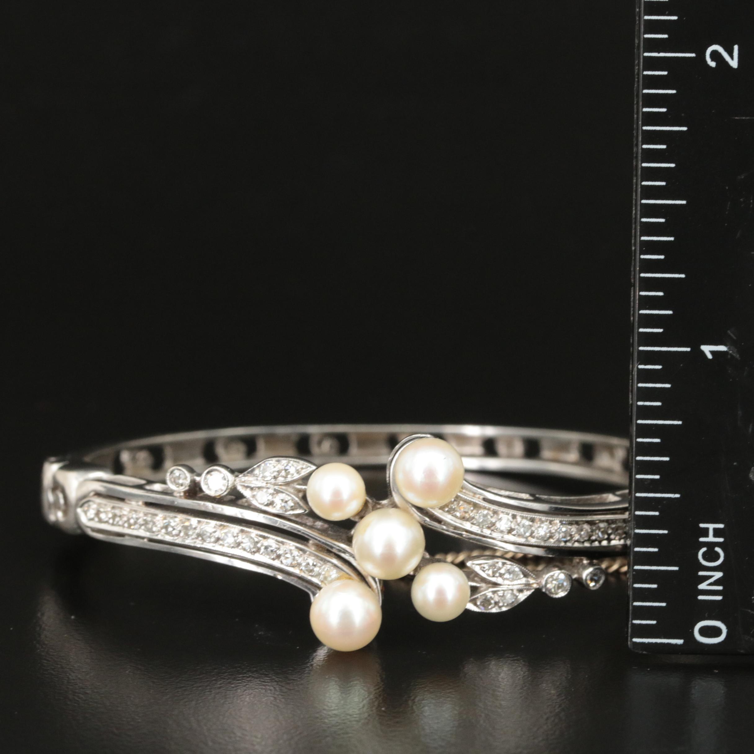 1950s 14K Pearl and Diamond Hinged Bracelet
