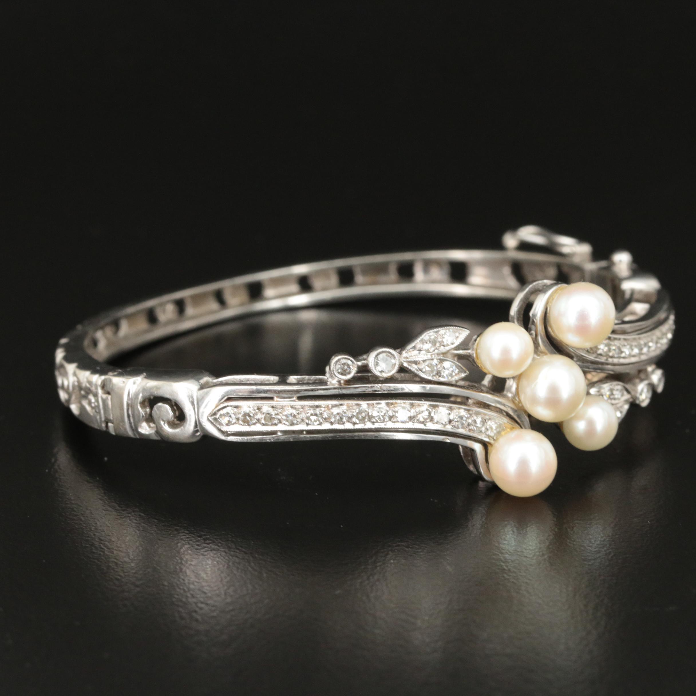 1950s 14K Pearl and Diamond Hinged Bracelet