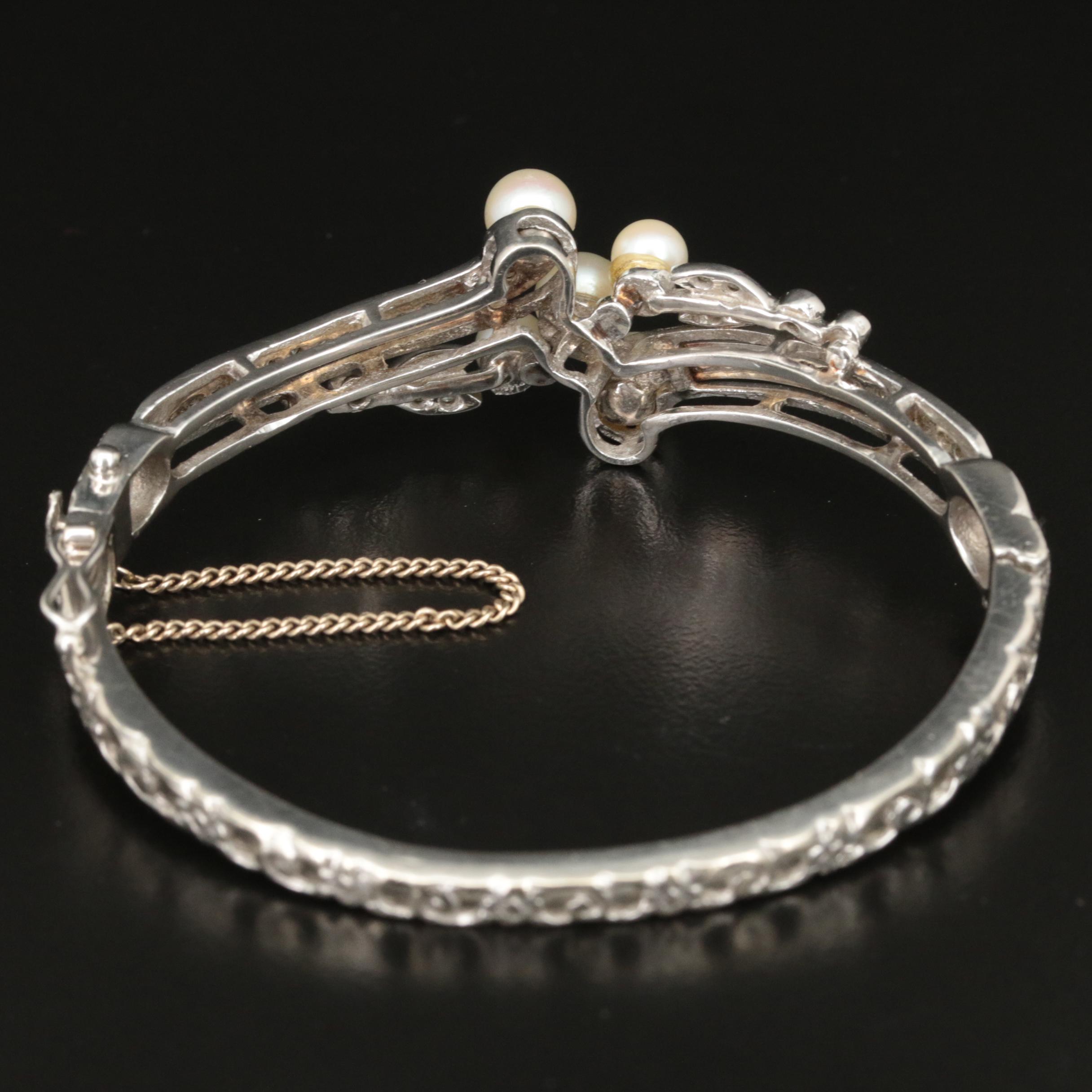 1950s 14K Pearl and Diamond Hinged Bracelet