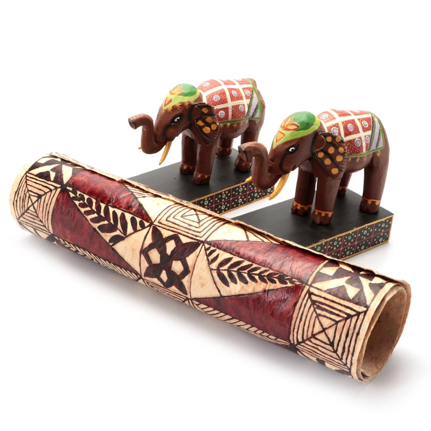 Paint Decorated Indian Elephant Bookends and Hand-Painted Tapa Cloth