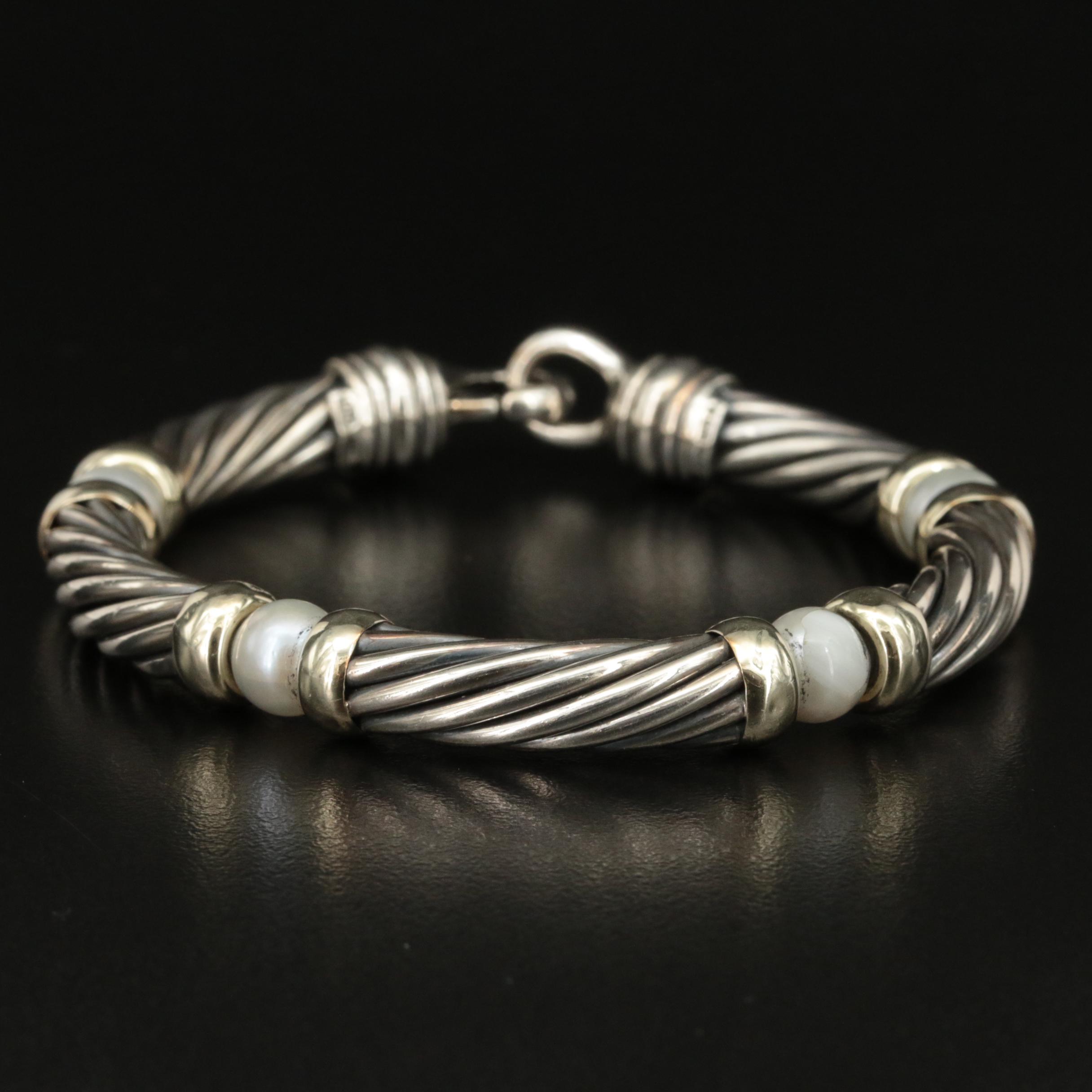 David Yurman "Hampton" Sterling Pearl Cable Station Bracelet