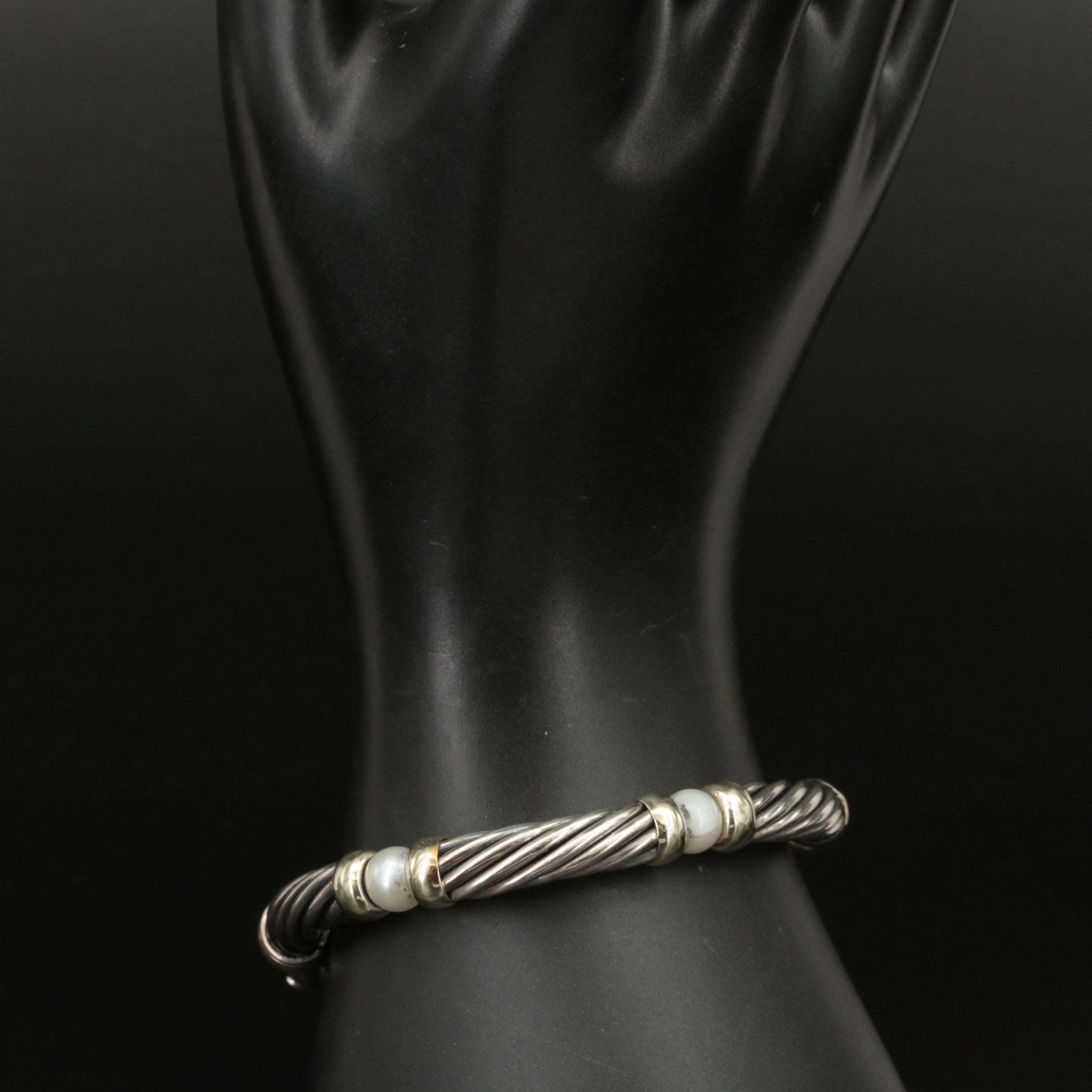 David Yurman "Hampton" Sterling Pearl Cable Station Bracelet