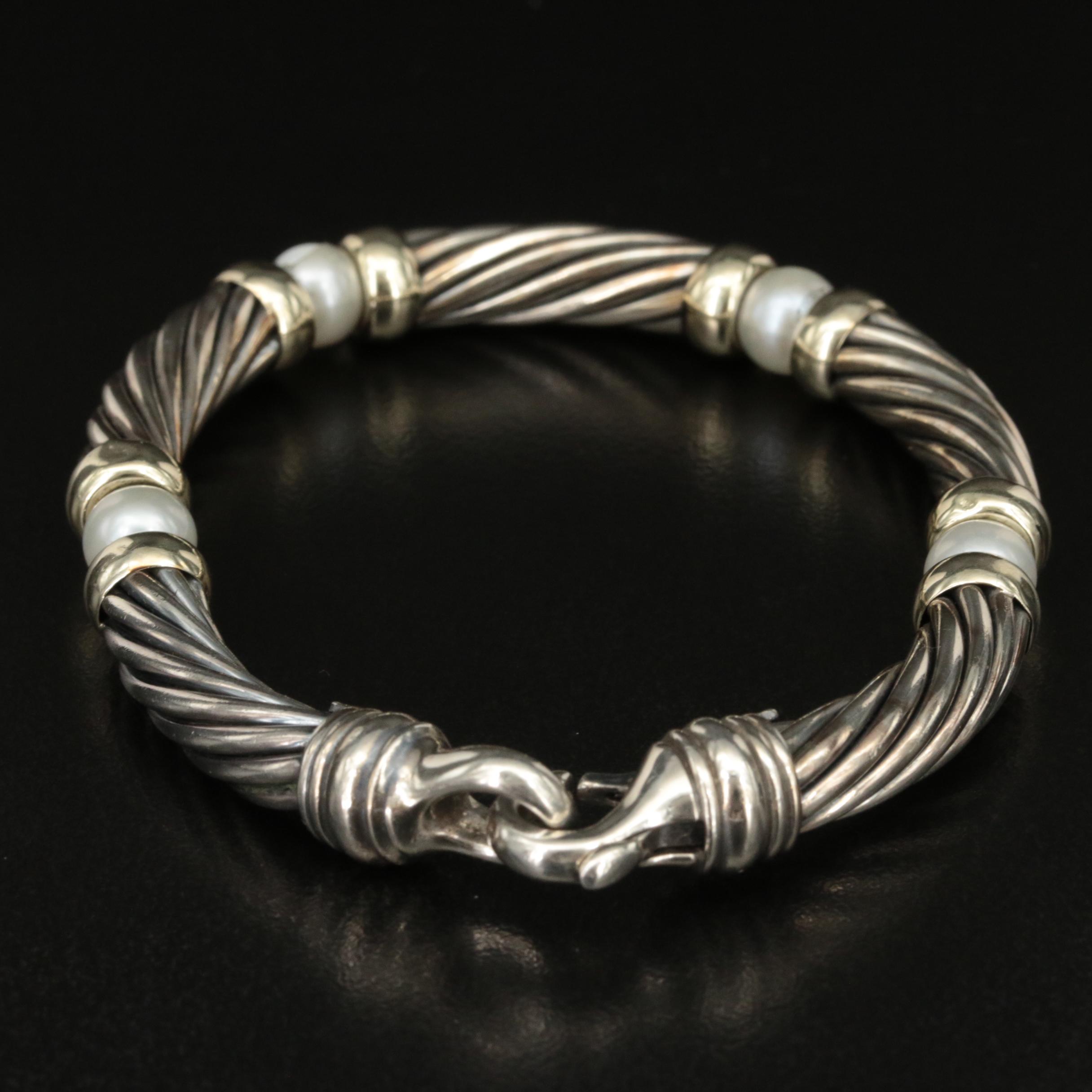 David Yurman "Hampton" Sterling Pearl Cable Station Bracelet