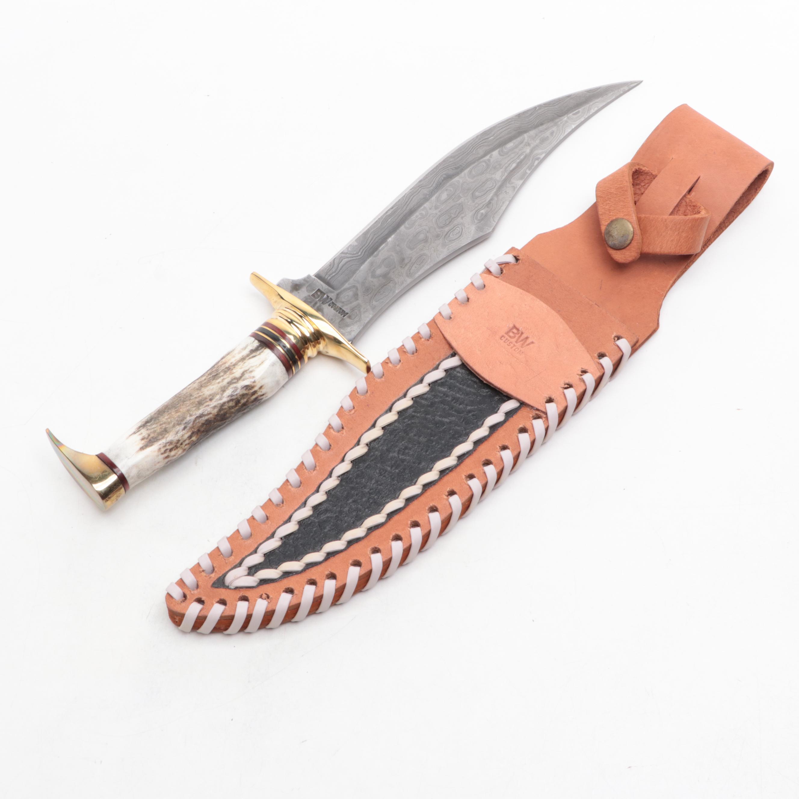 BW Custom Damascus Steel and Bone-Handled Skinner Knife with Scabbard