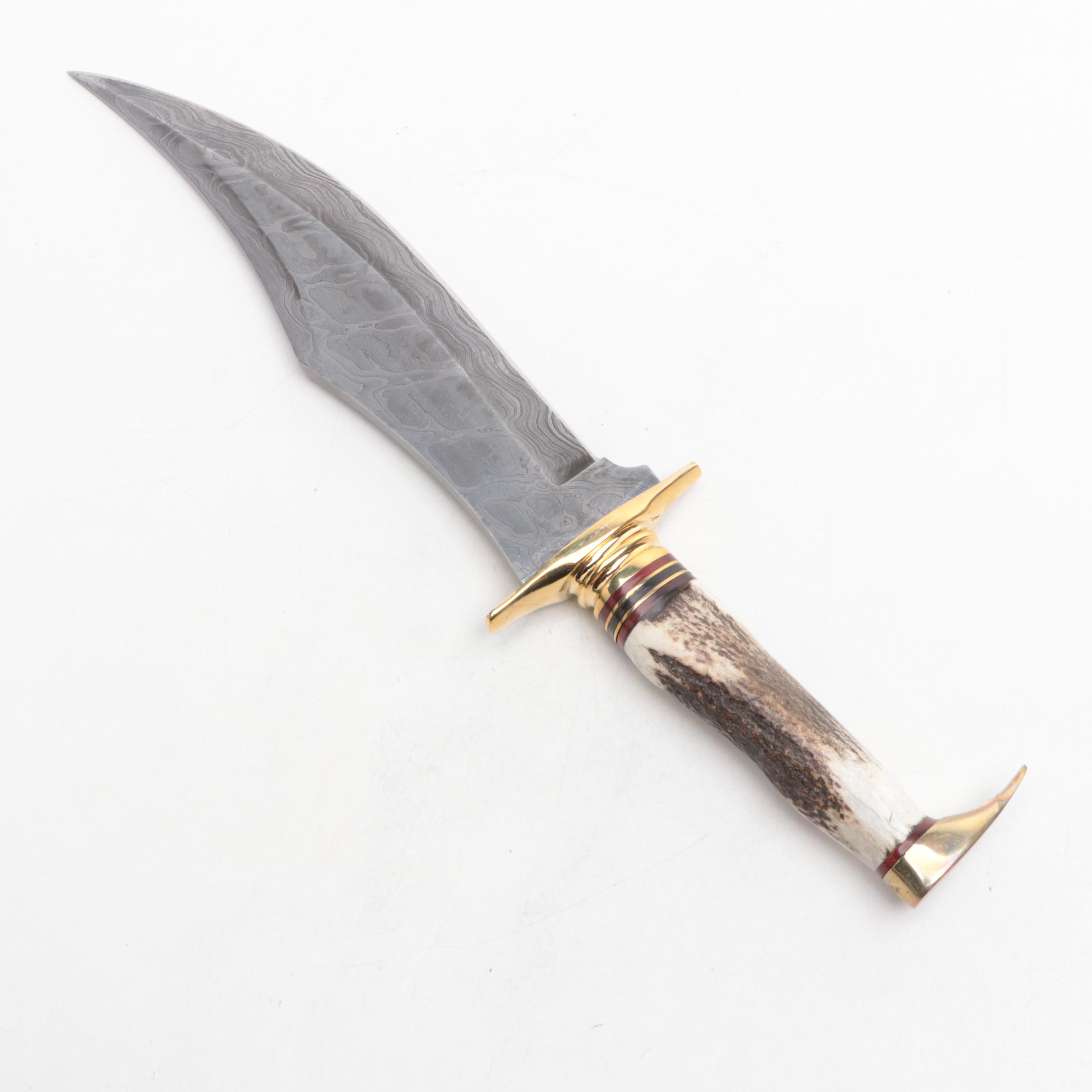 BW Custom Damascus Steel and Bone-Handled Skinner Knife with Scabbard