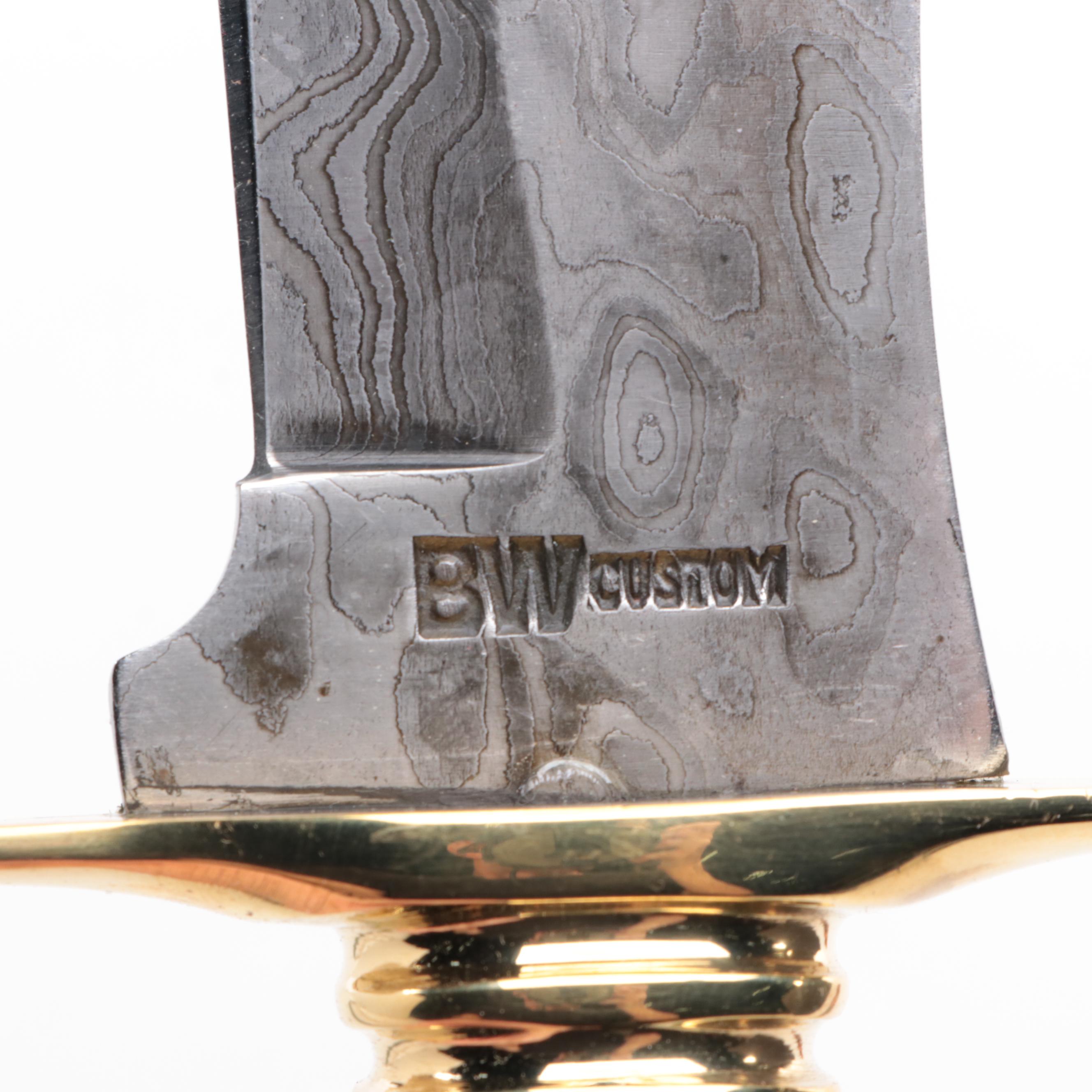 BW Custom Damascus Steel and Bone-Handled Skinner Knife with Scabbard