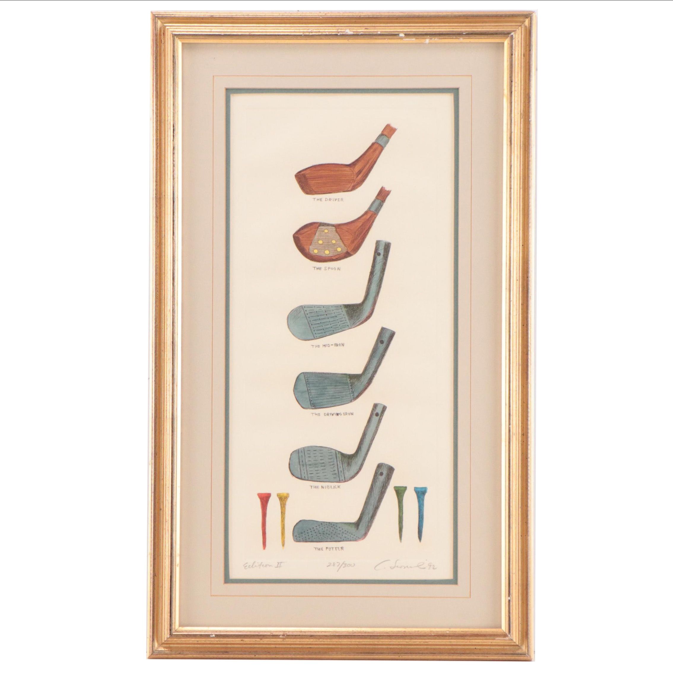 Charles Leonard Hand-Colored Etching of Golf Clubs, 1992