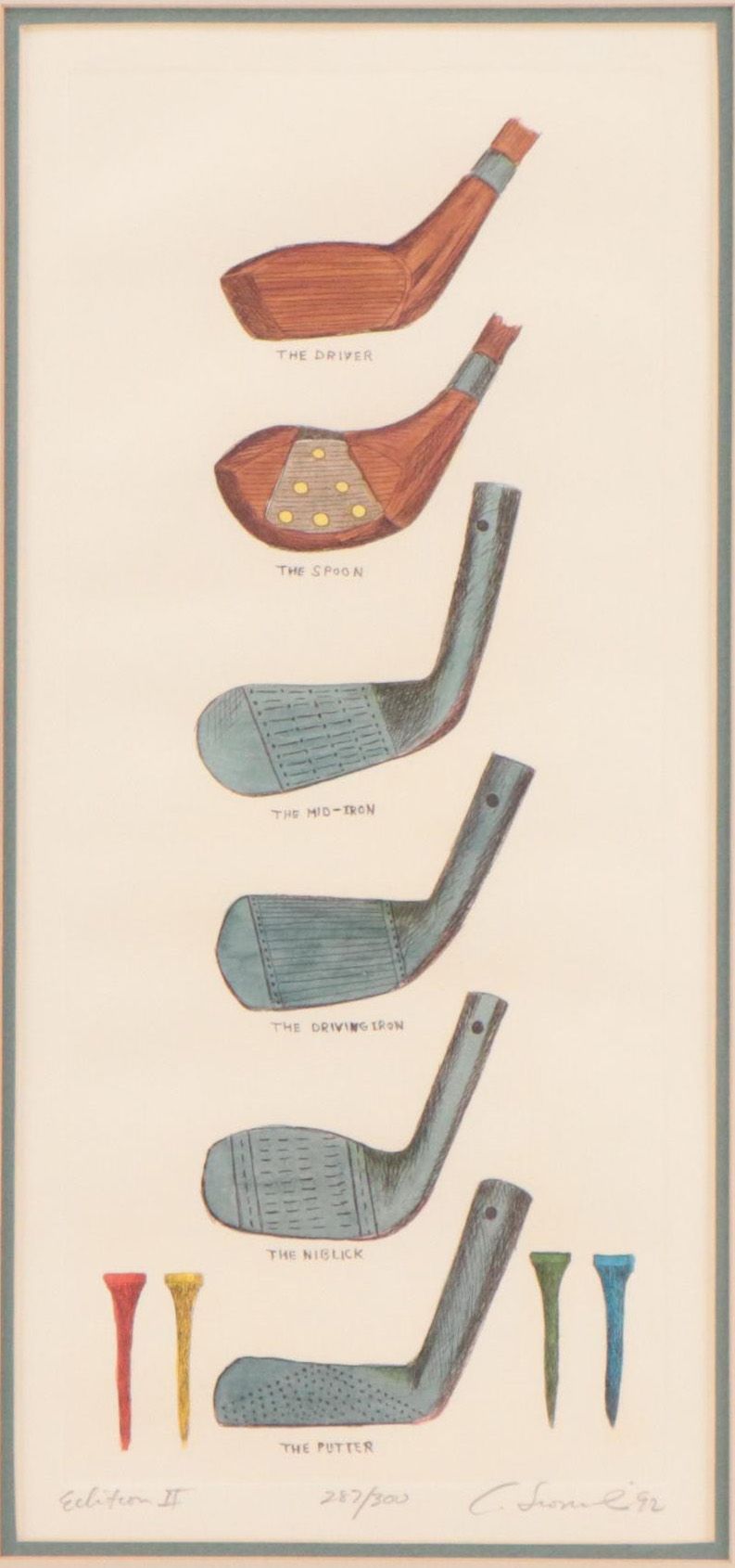 Charles Leonard Hand-Colored Etching of Golf Clubs, 1992