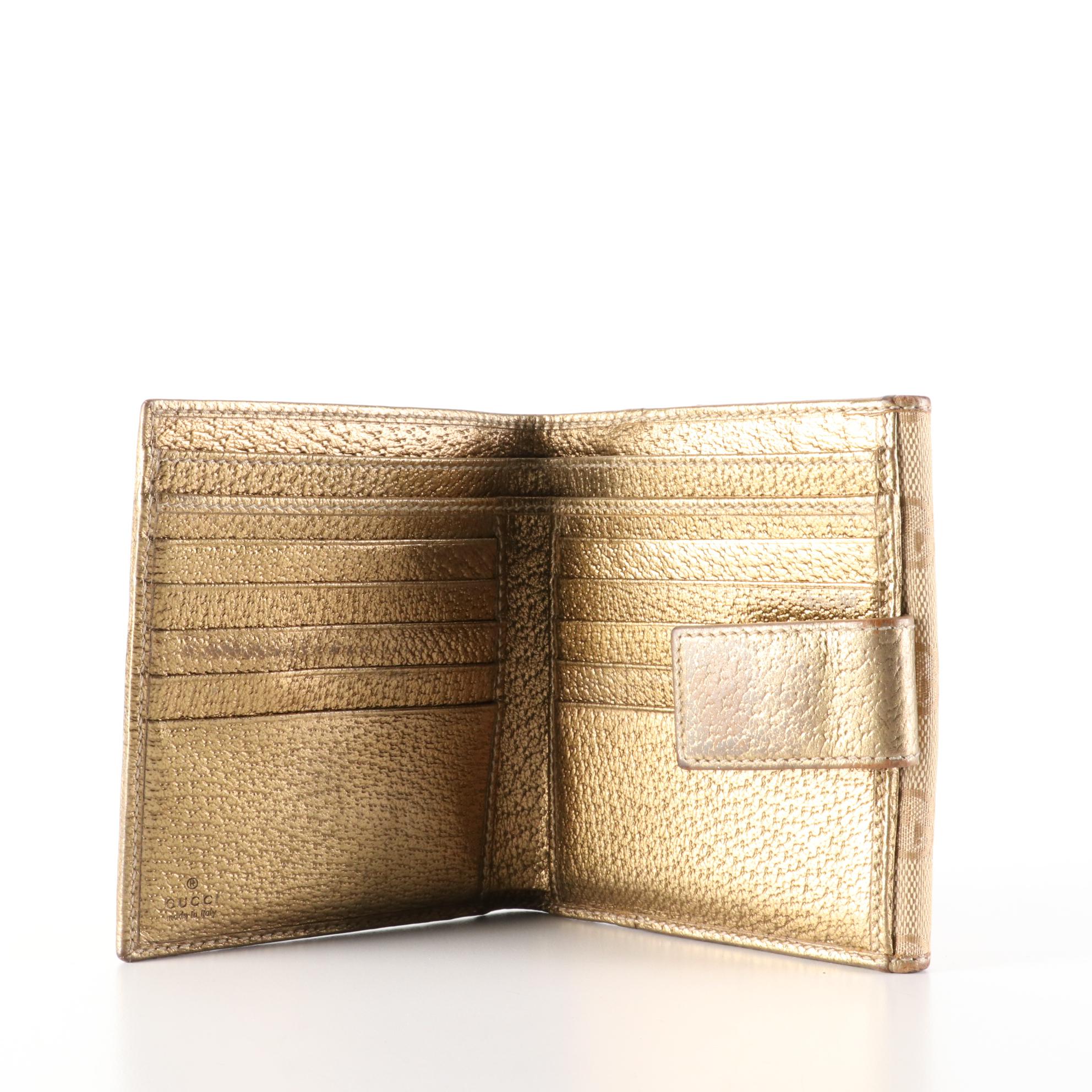 Gucci Princy Compact Wallet in GG Canvas and Metallic Cinghiale Leather