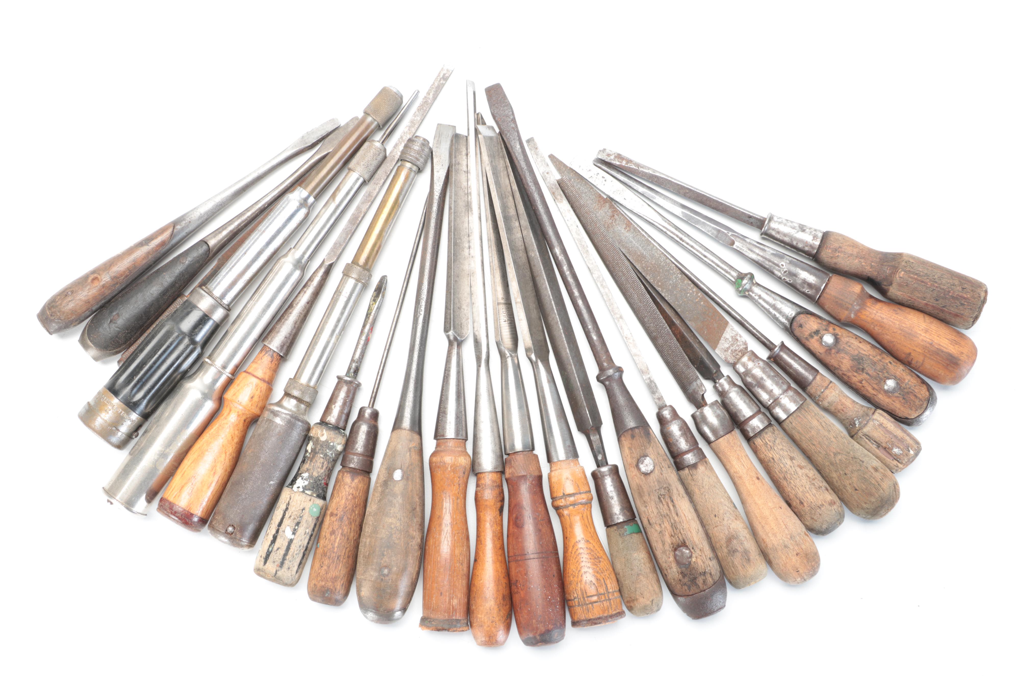 Hand Tool and Wood Working Collection with Screw Drivers, Files and Weights