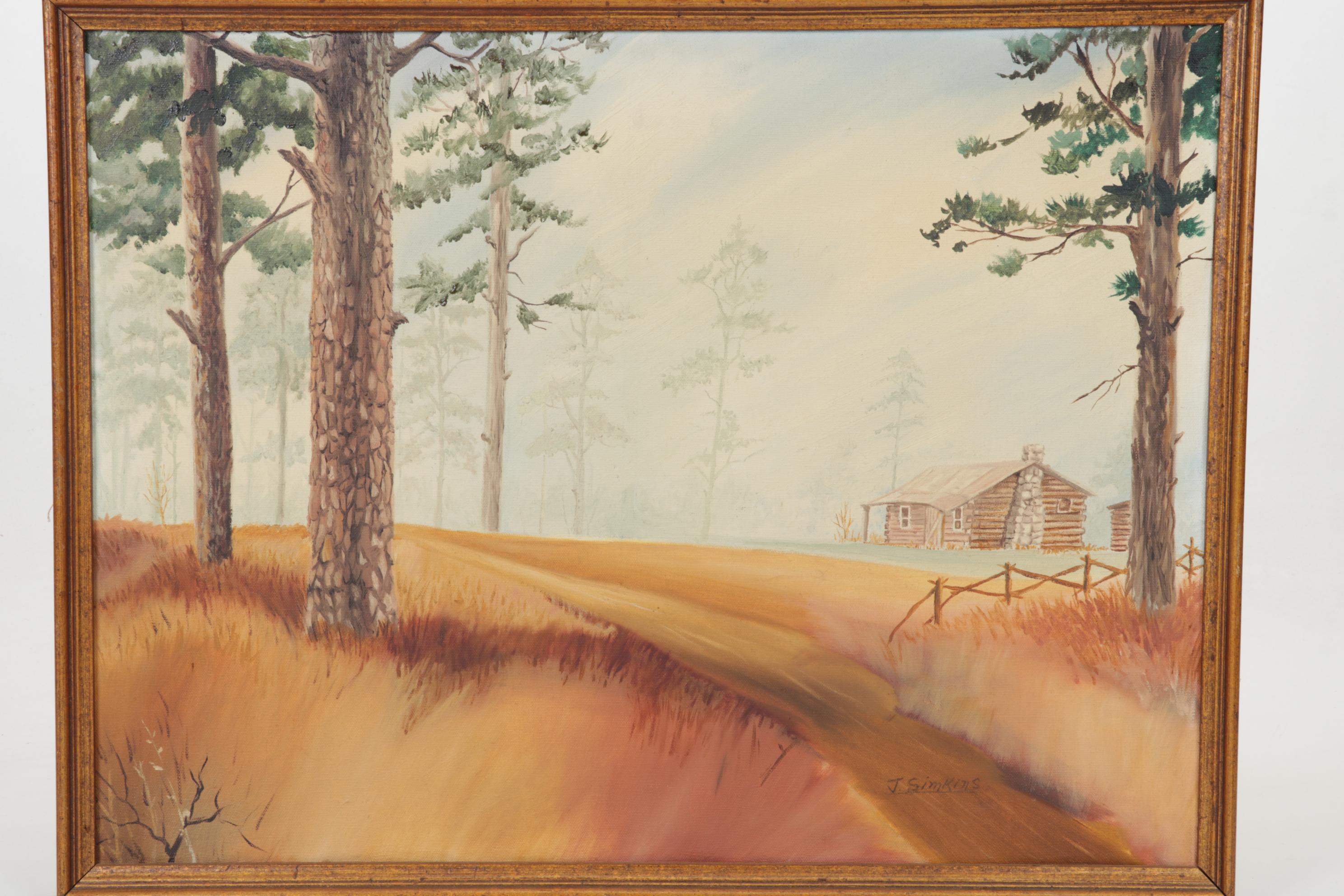 J. Simkins Rural Landscape Oil Painting of Log Cabin, Circa 1965