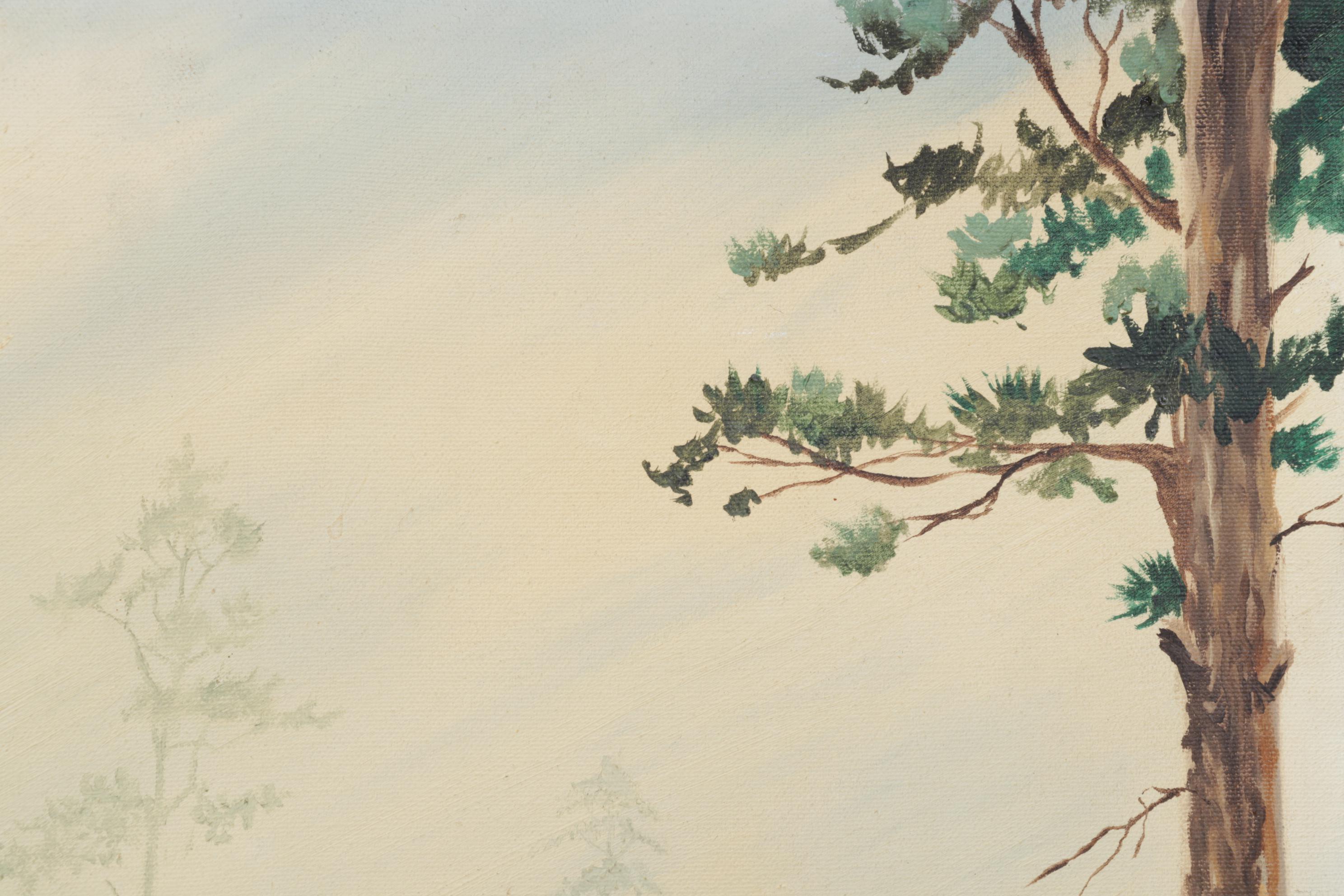 J. Simkins Rural Landscape Oil Painting of Log Cabin, Circa 1965