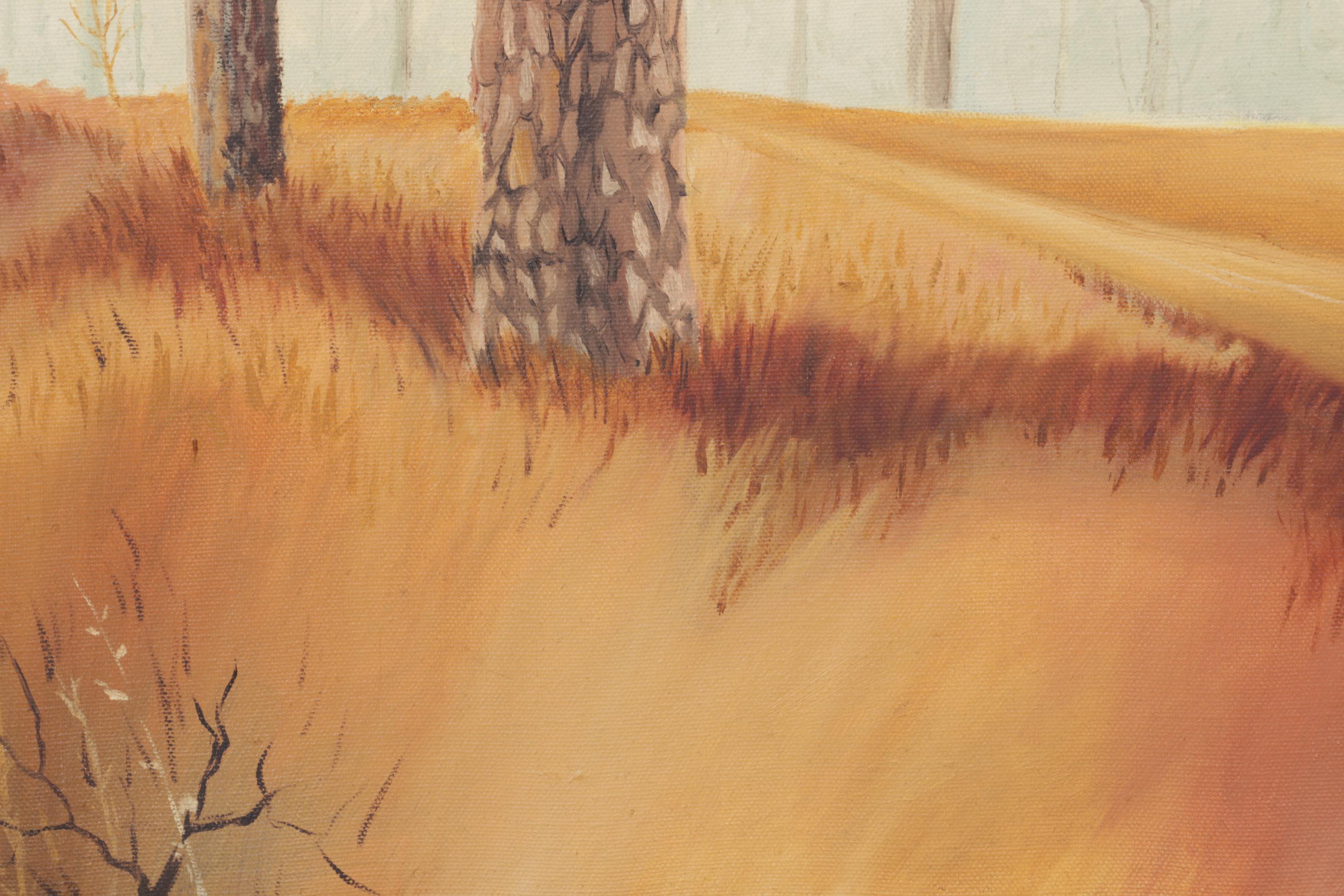 J. Simkins Rural Landscape Oil Painting of Log Cabin, Circa 1965