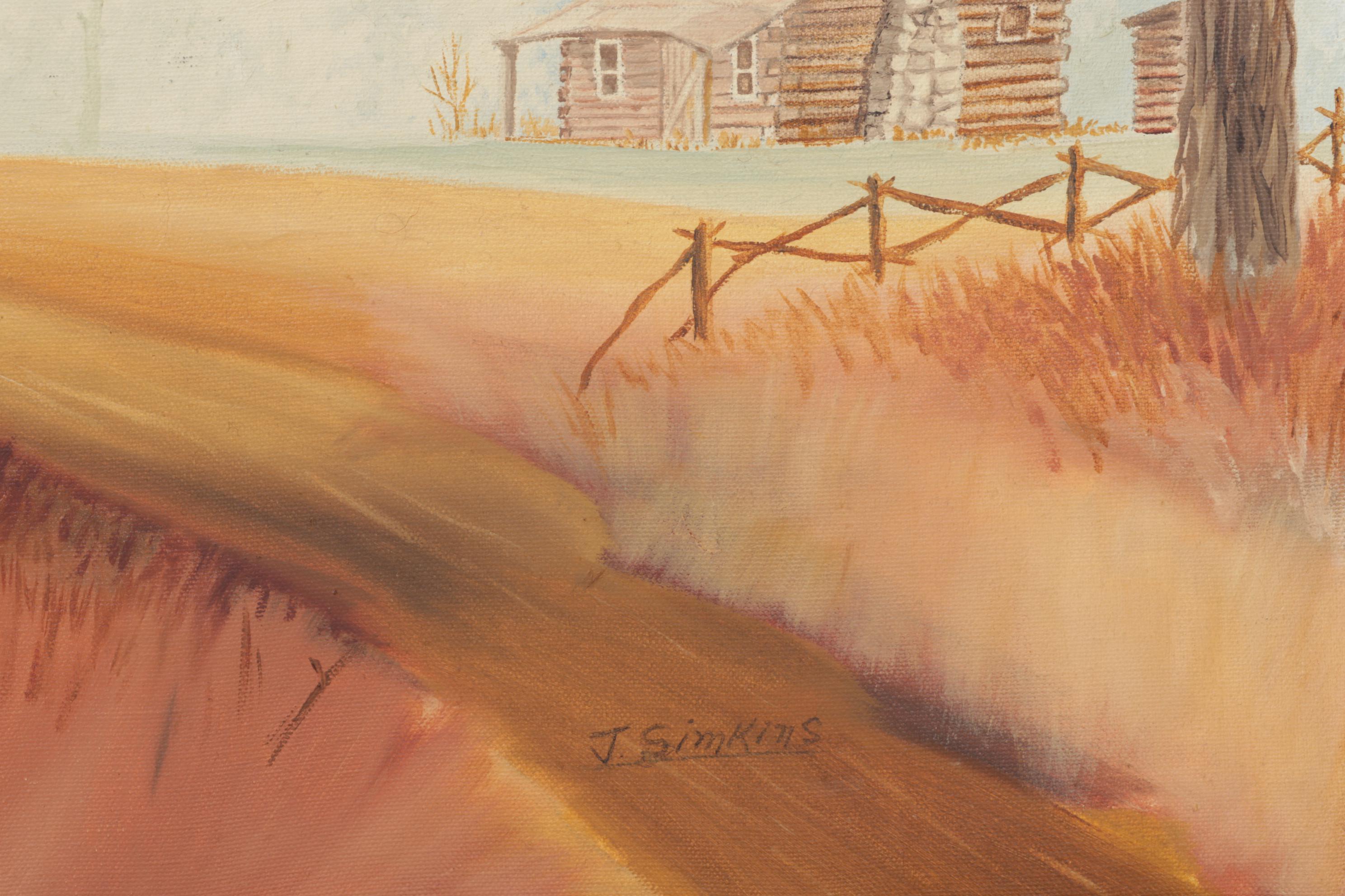 J. Simkins Rural Landscape Oil Painting of Log Cabin, Circa 1965