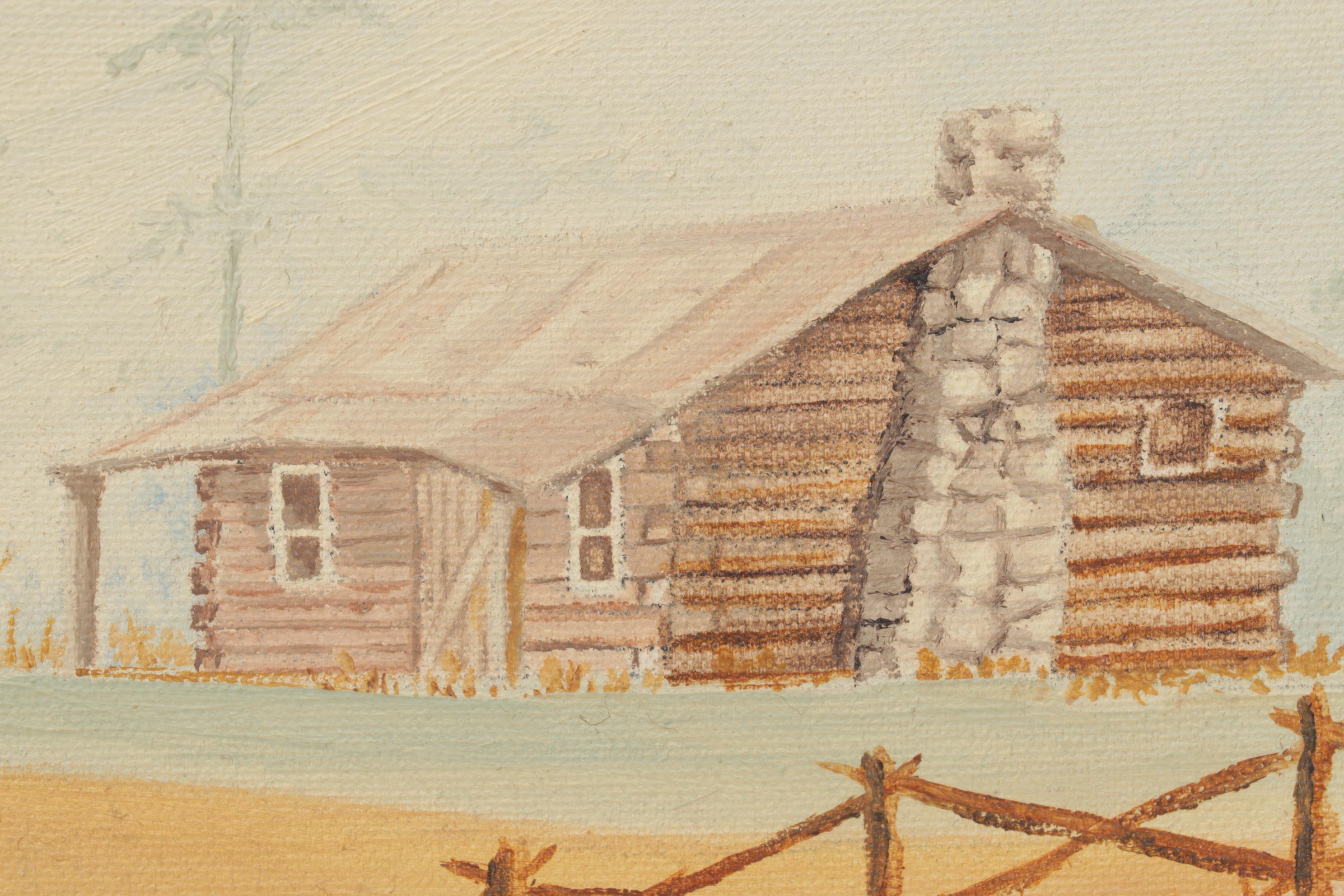 J. Simkins Rural Landscape Oil Painting of Log Cabin, Circa 1965