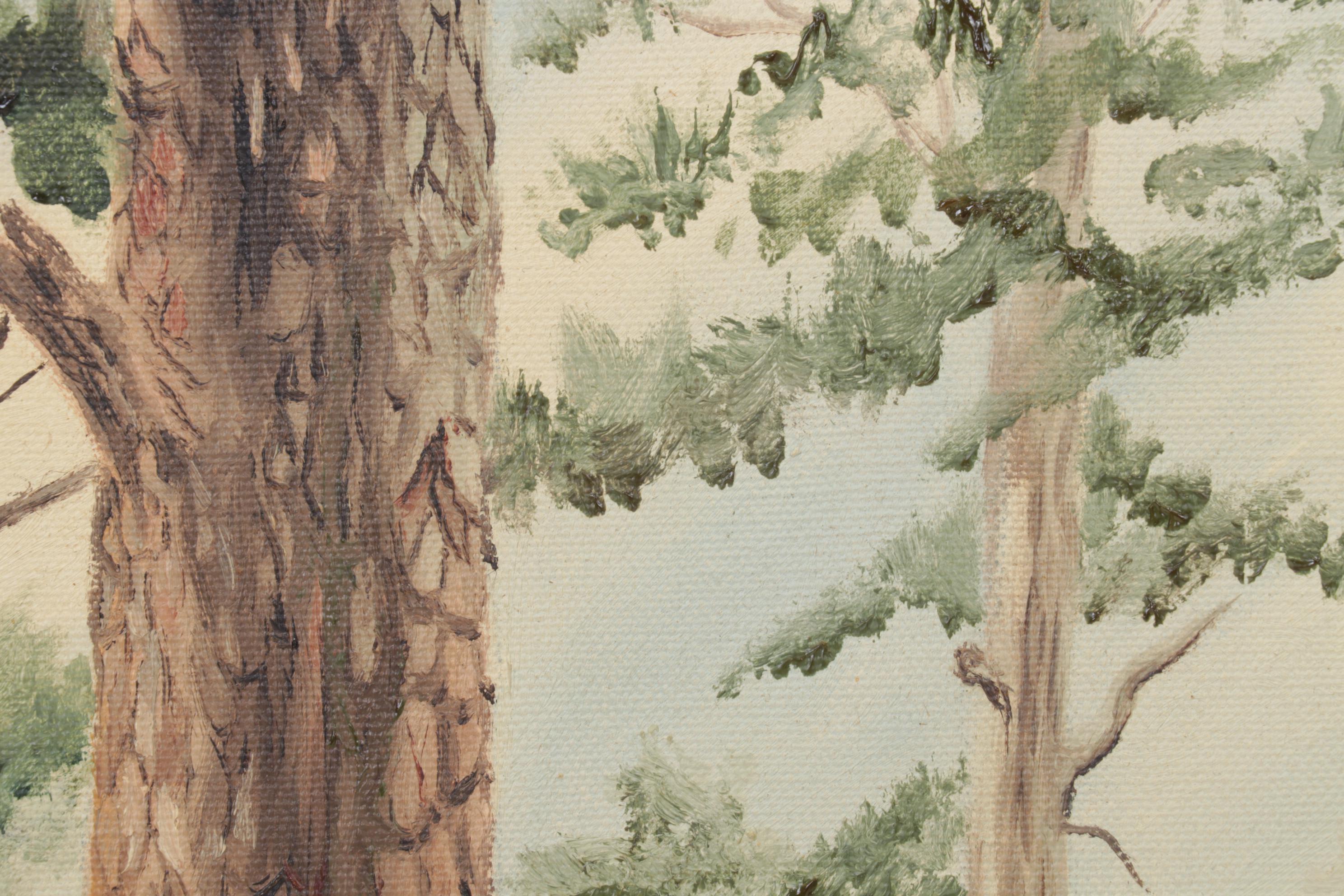 J. Simkins Rural Landscape Oil Painting of Log Cabin, Circa 1965