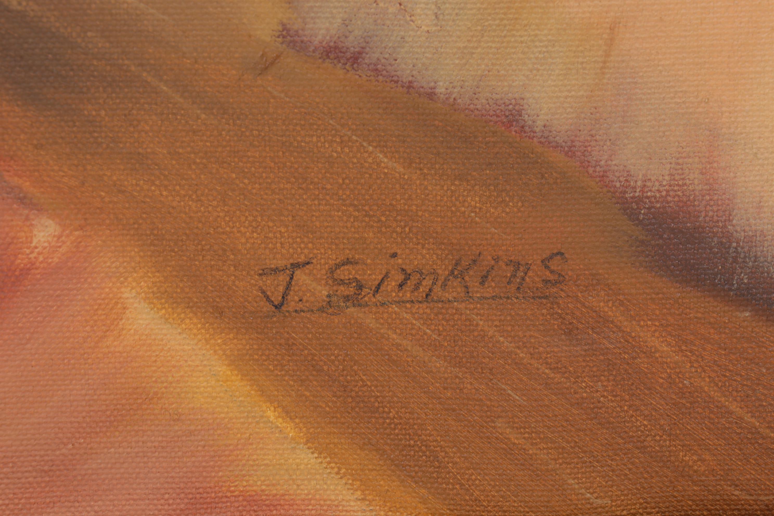 J. Simkins Rural Landscape Oil Painting of Log Cabin, Circa 1965