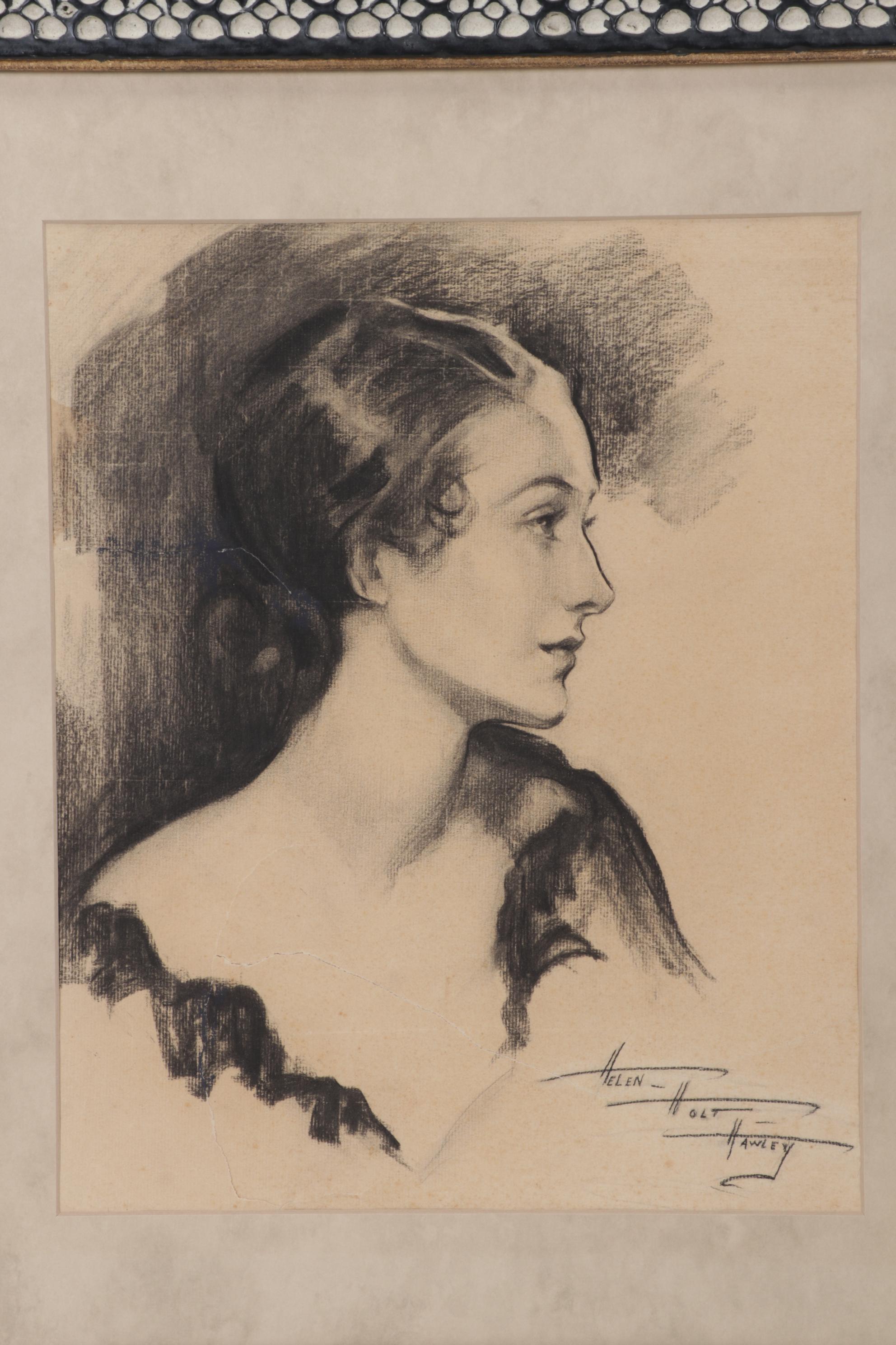 Helen Holt Hawley Portrait Charcoal Drawing of Woman in Profile, Circa 1930