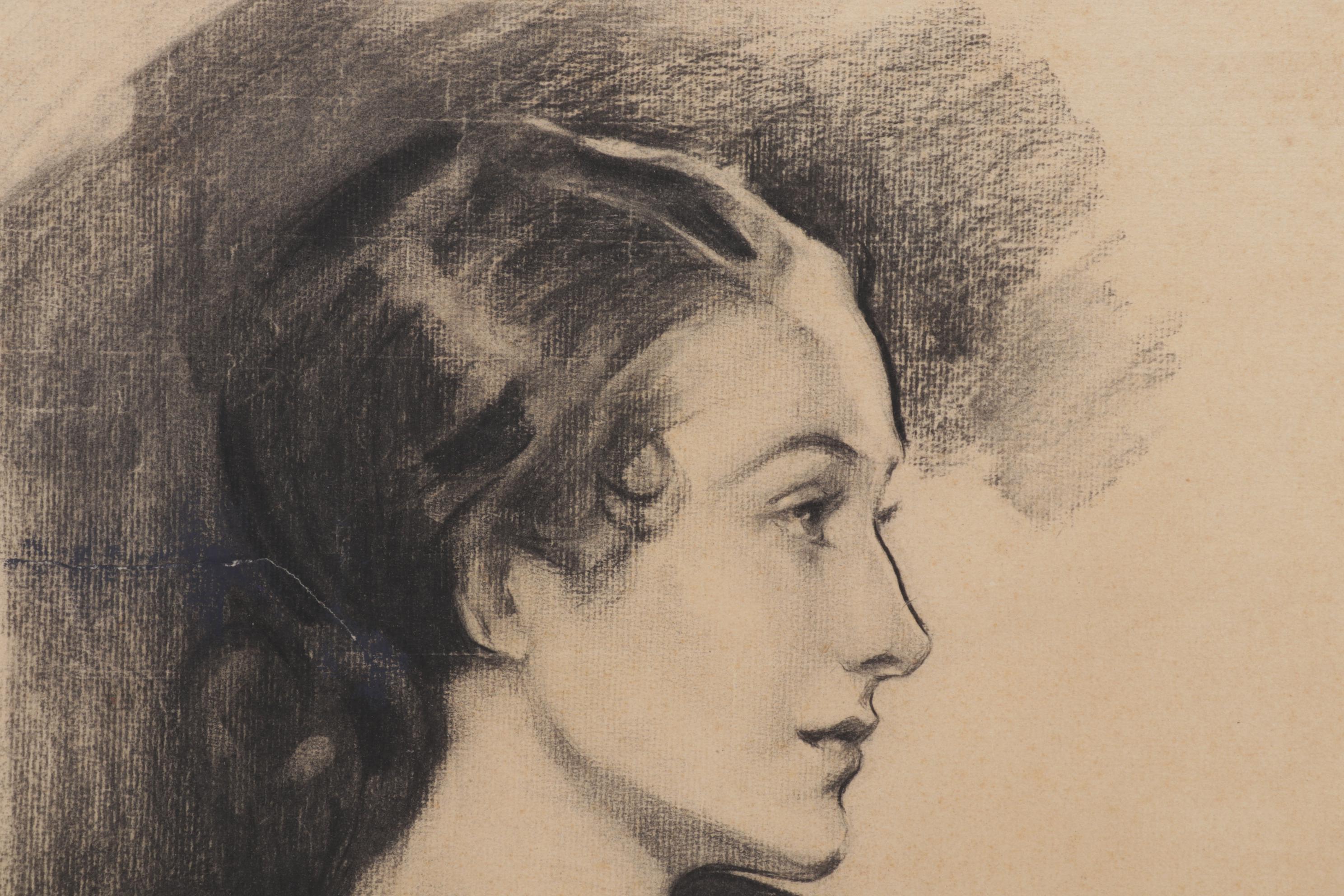 Helen Holt Hawley Portrait Charcoal Drawing of Woman in Profile, Circa 1930