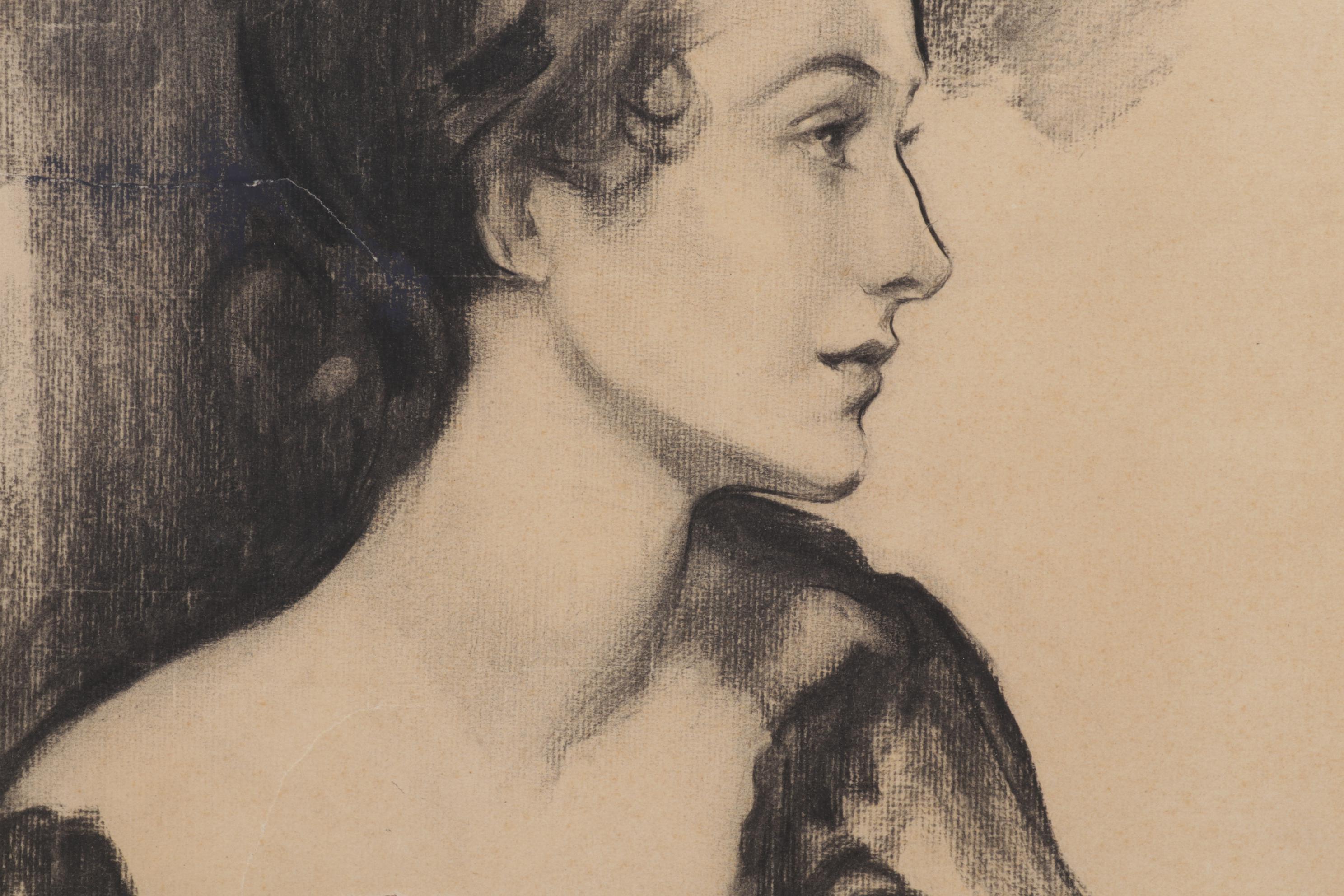Helen Holt Hawley Portrait Charcoal Drawing of Woman in Profile, Circa 1930