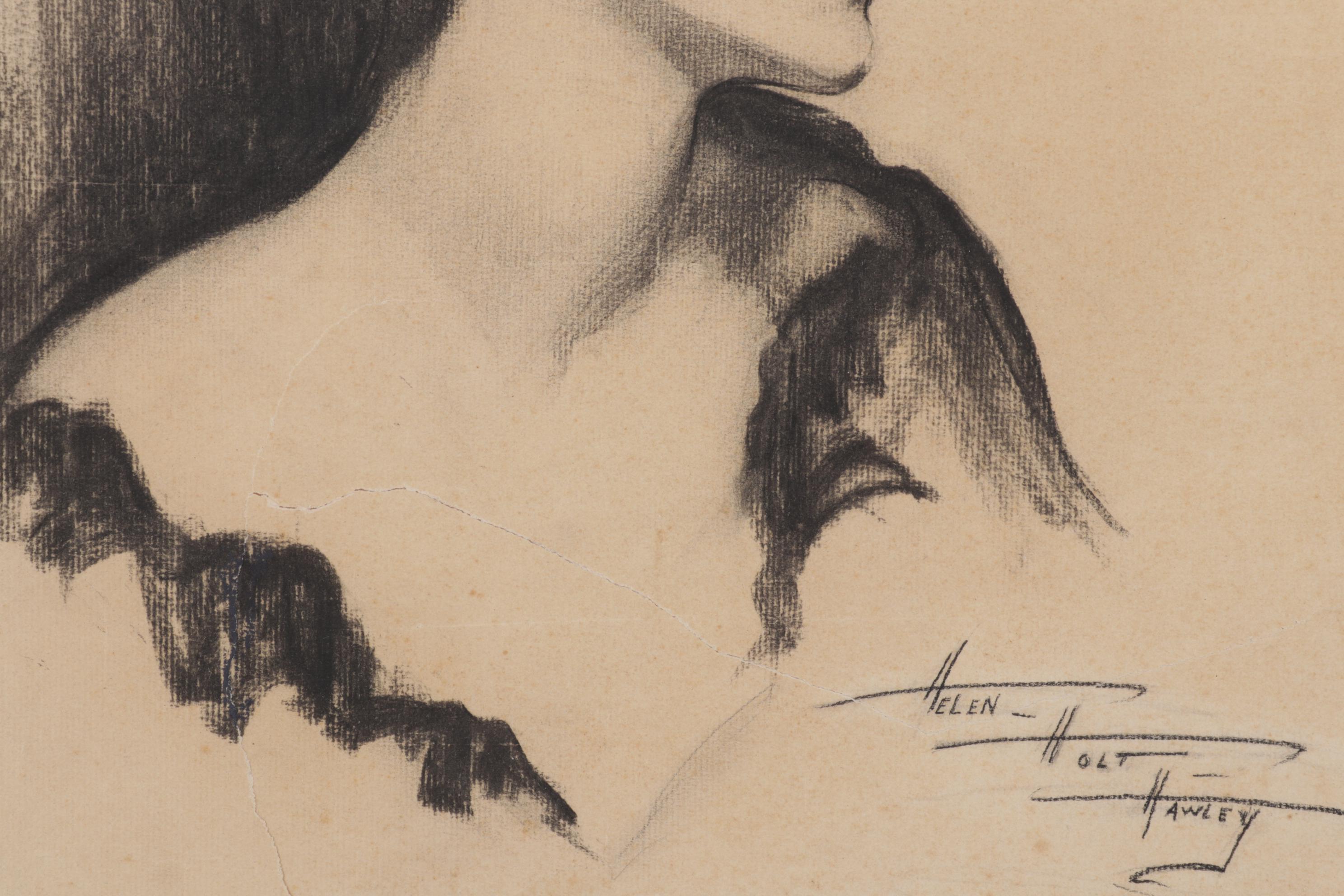 Helen Holt Hawley Portrait Charcoal Drawing of Woman in Profile, Circa 1930