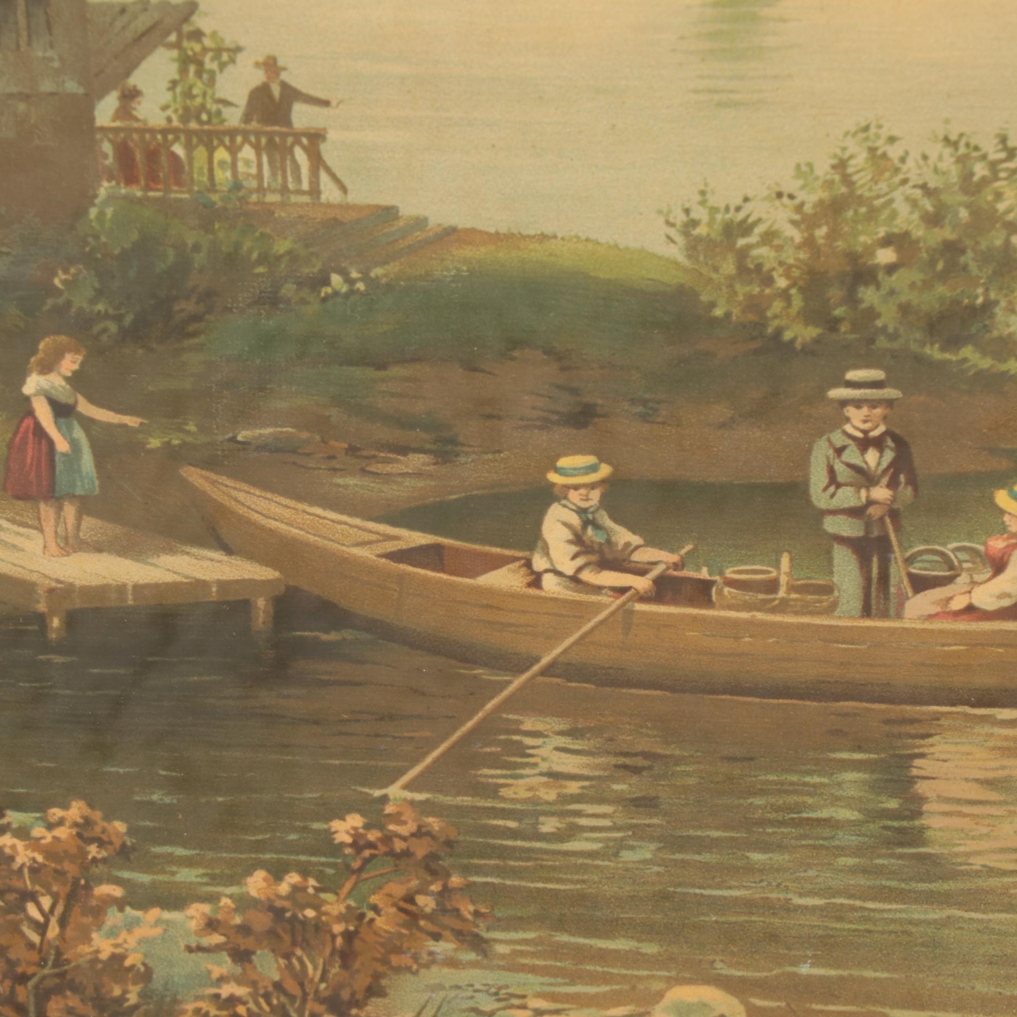 Riverside Landscape Color Lithograph, Early 20th Century