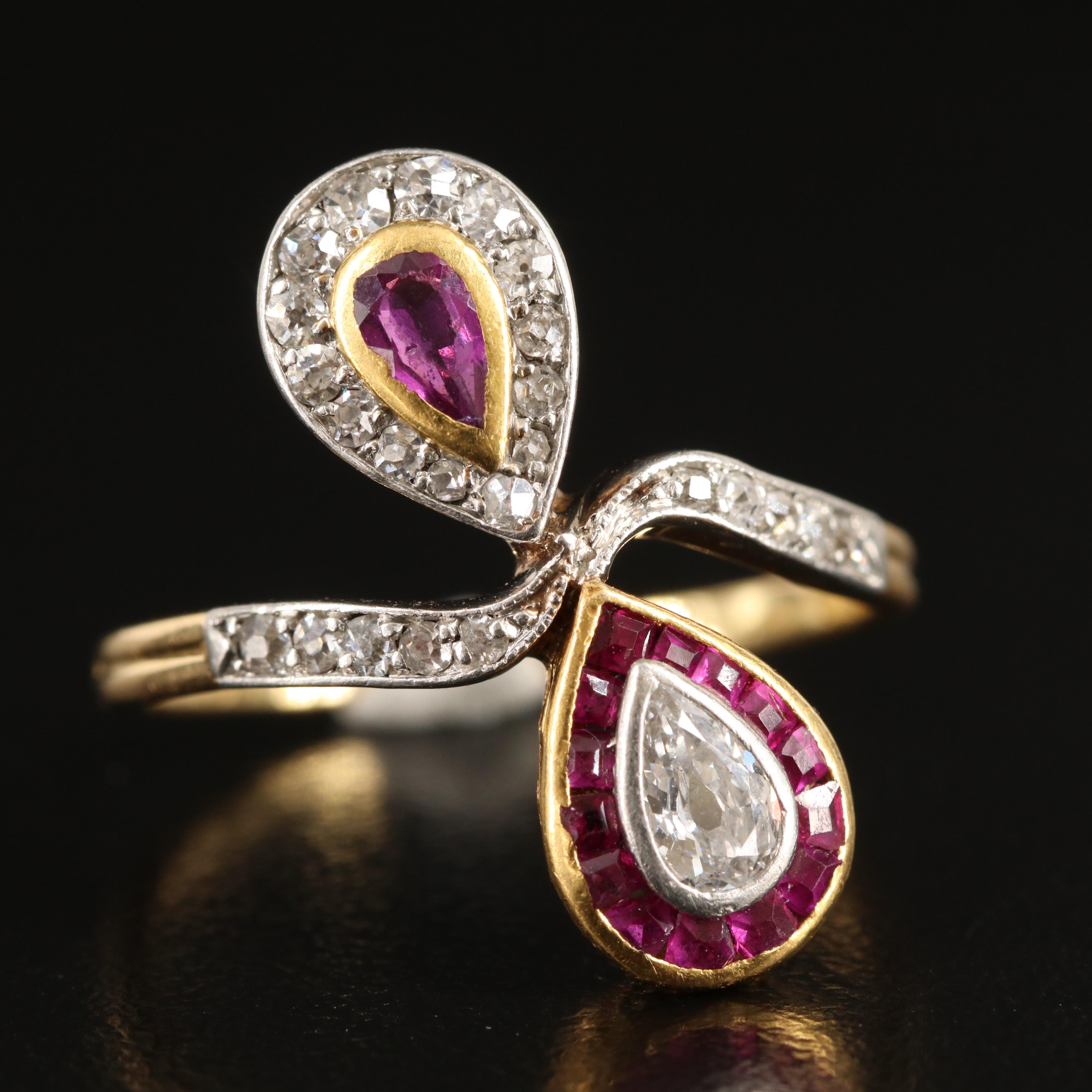 Edwardian 18K Diamond and Ruby Ring with Platinum Accents