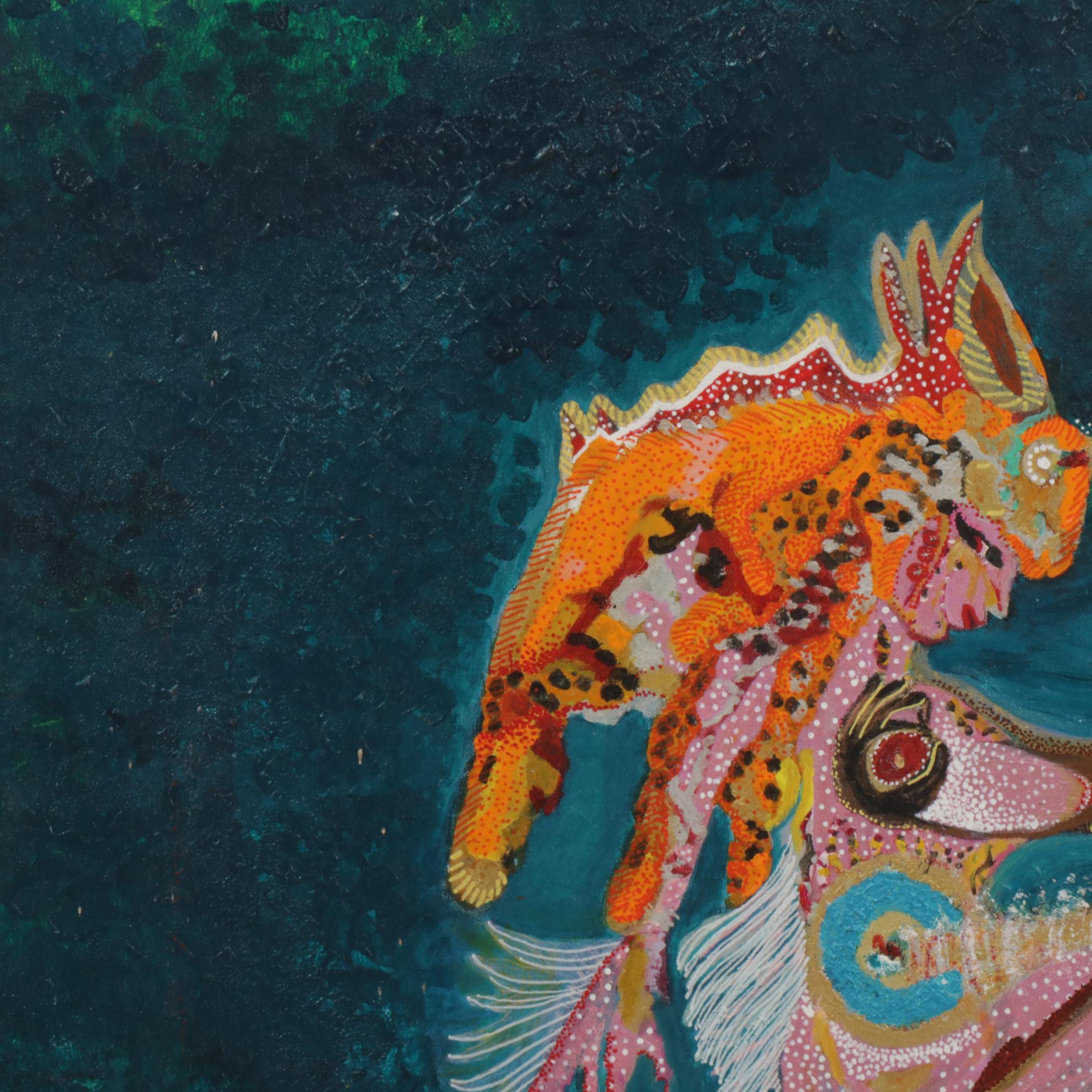 Surreal Acrylic Painting of Couple Embracing as Mythic Creatures