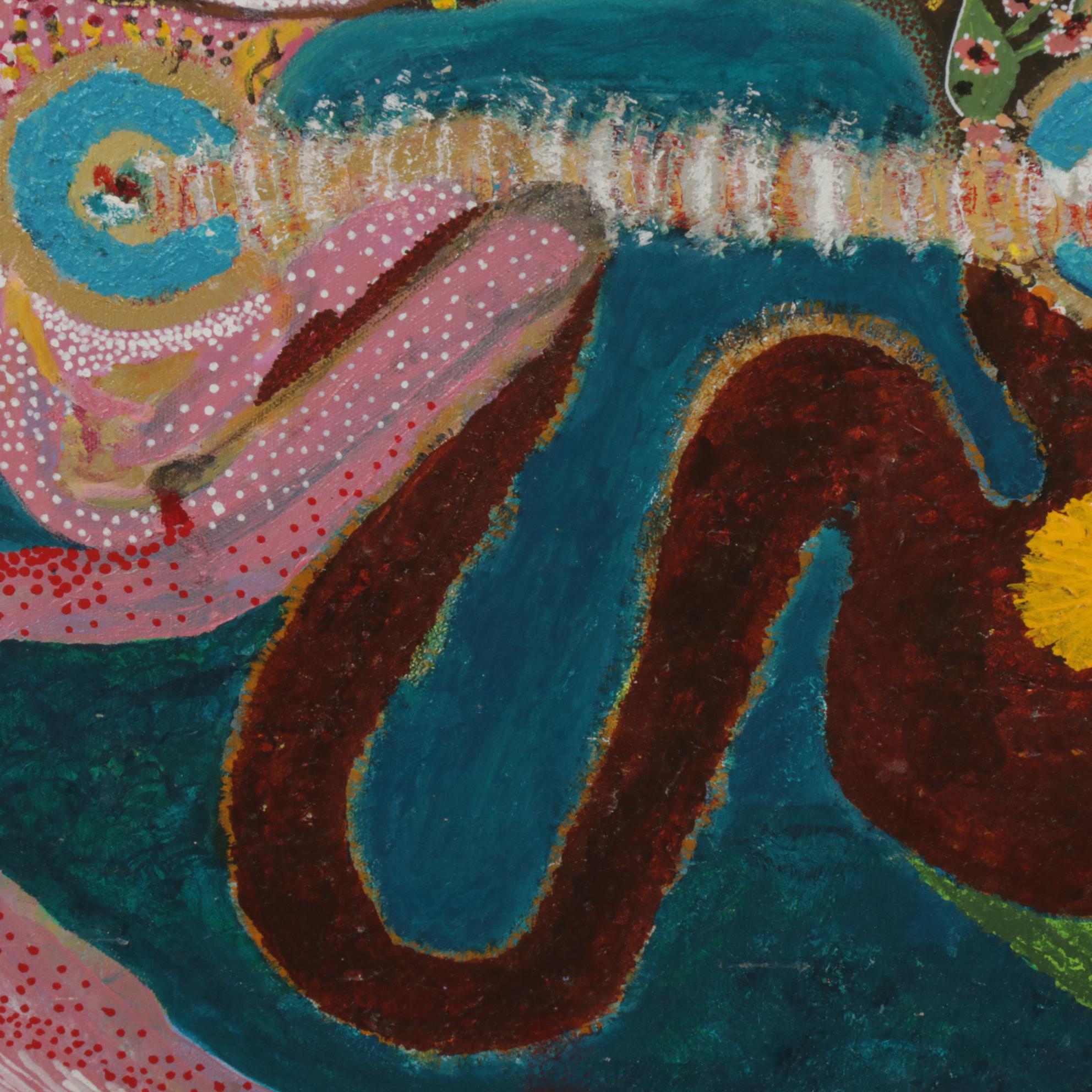 Surreal Acrylic Painting of Couple Embracing as Mythic Creatures