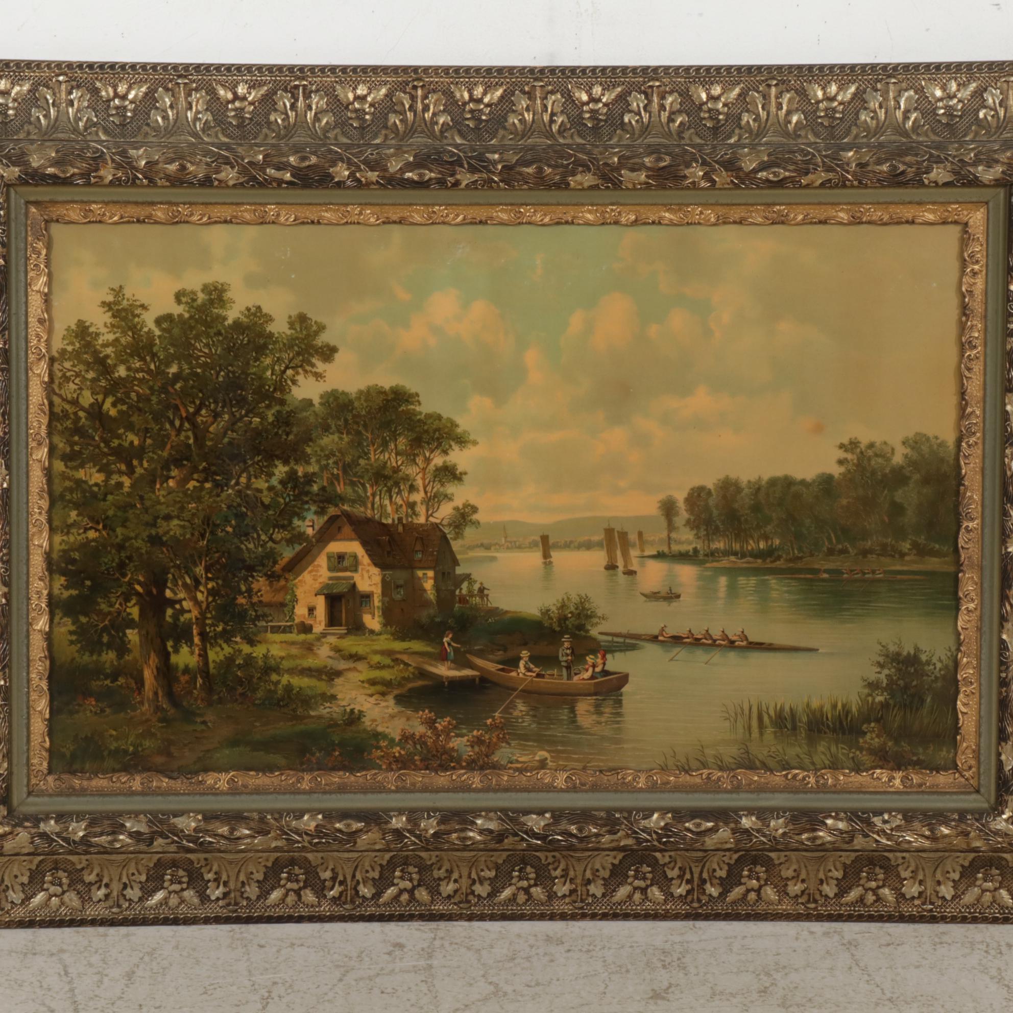 Riverside Landscape Color Lithograph, Early 20th Century