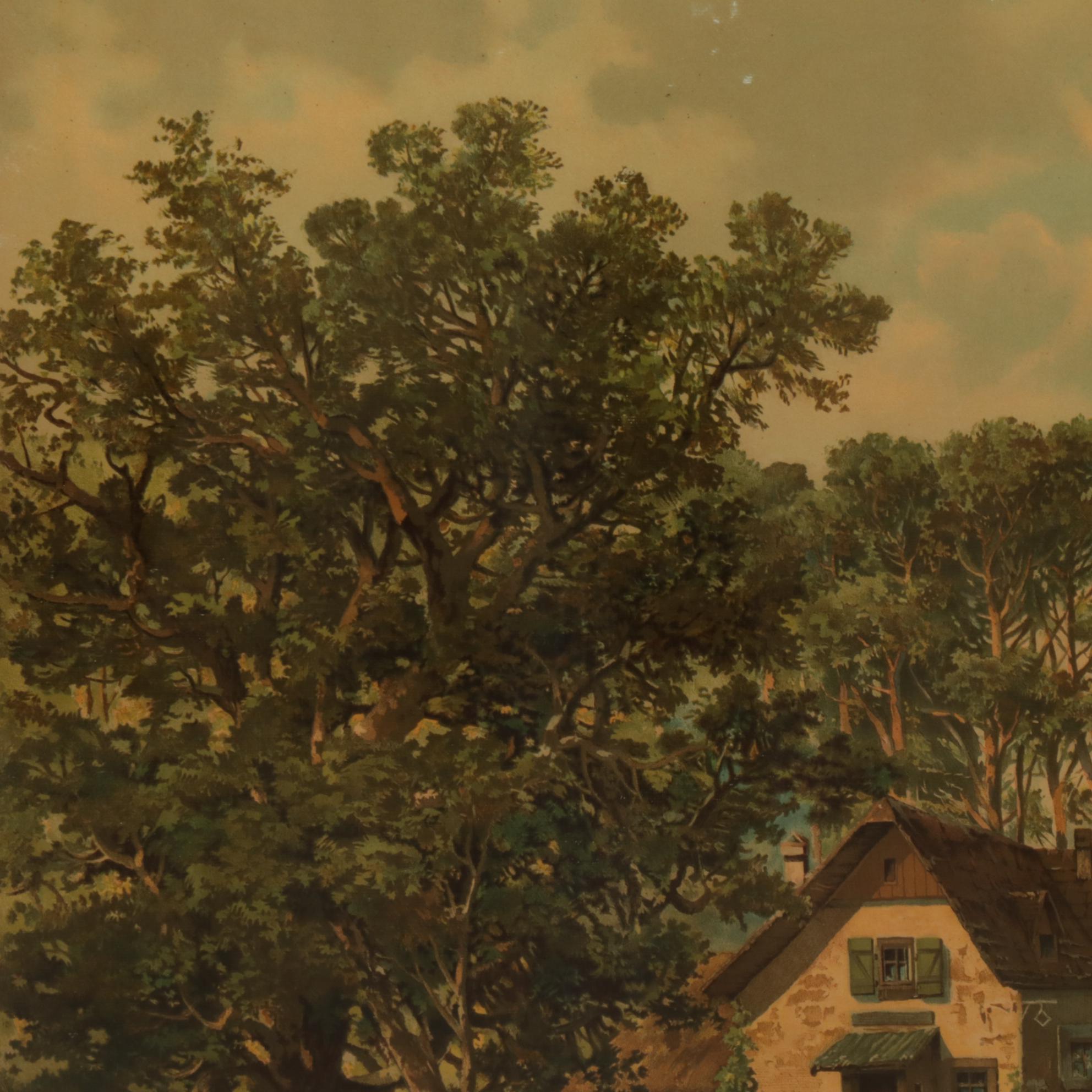 Riverside Landscape Color Lithograph, Early 20th Century