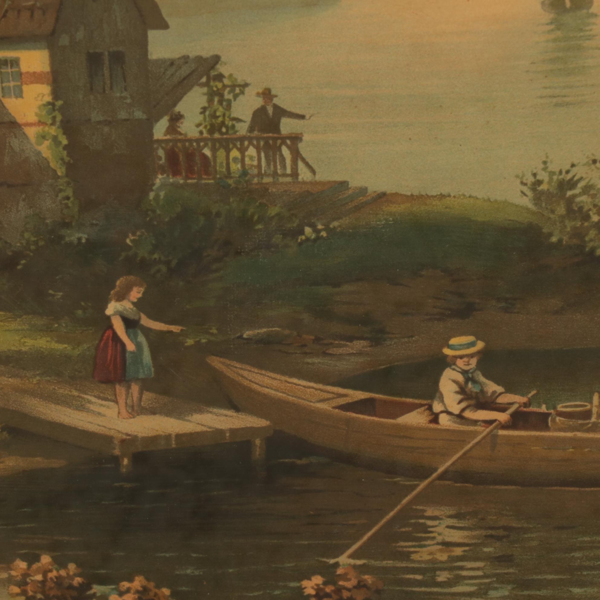 Riverside Landscape Color Lithograph, Early 20th Century