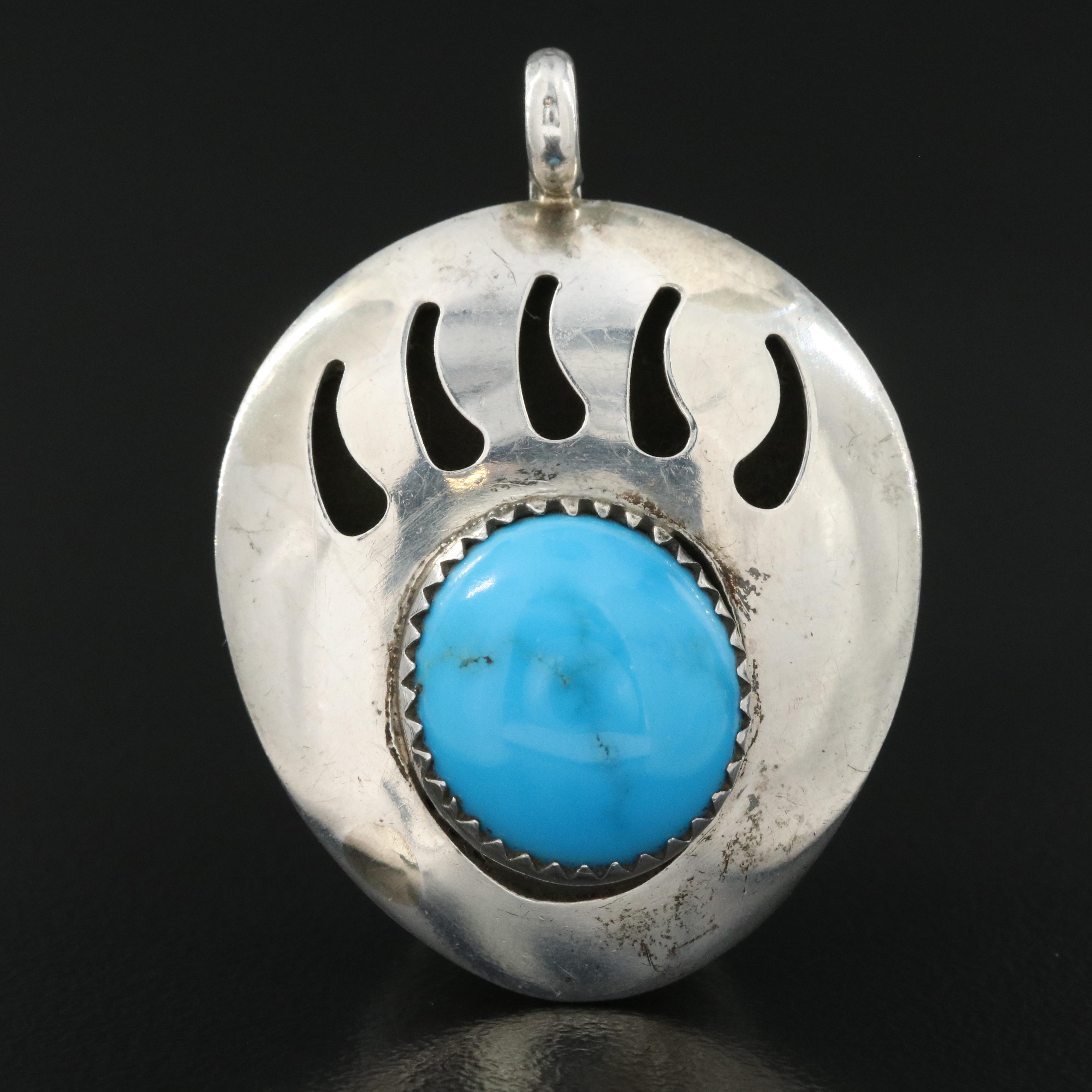 Western Style Signed Turquoise Bear Claw Pendant