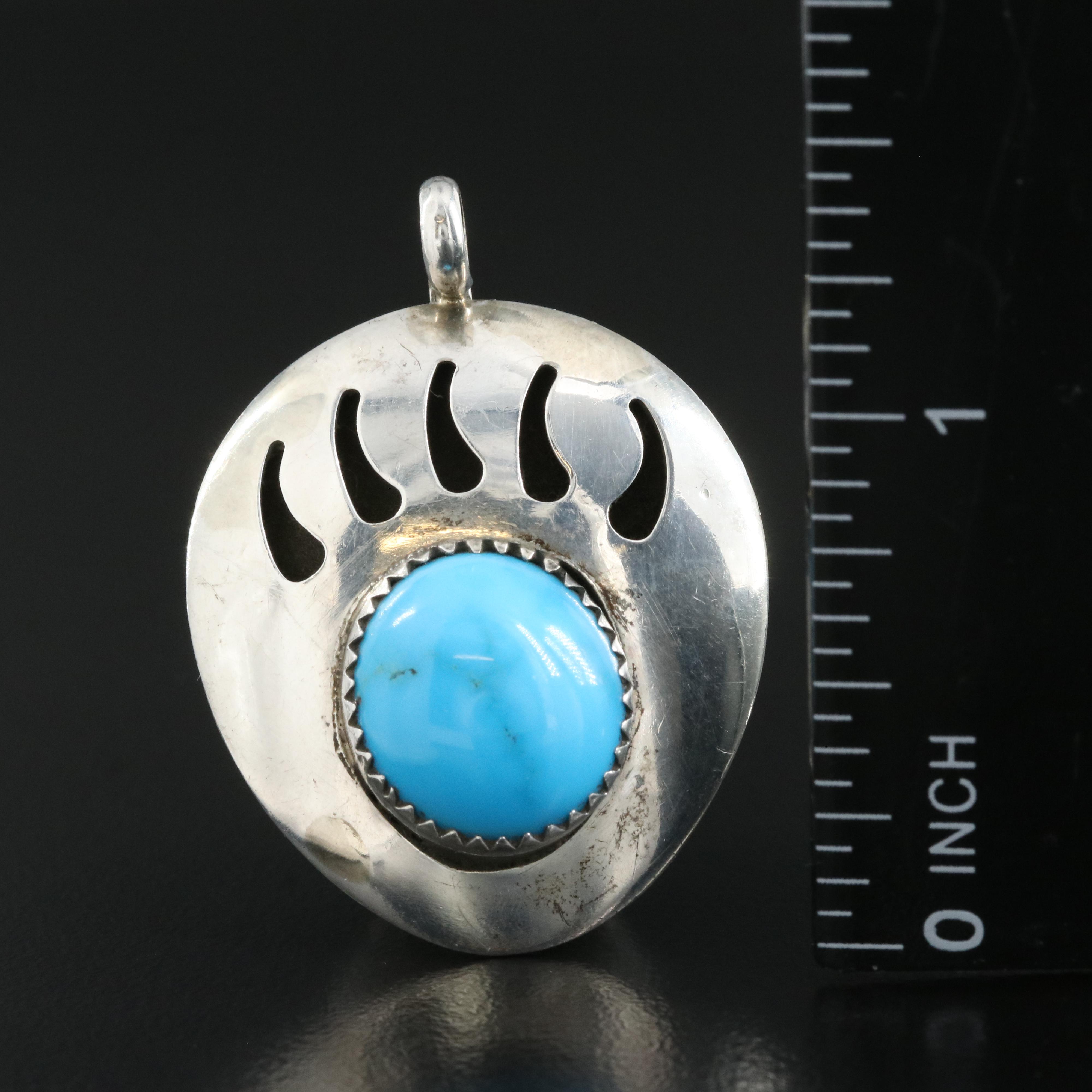Western Style Signed Turquoise Bear Claw Pendant