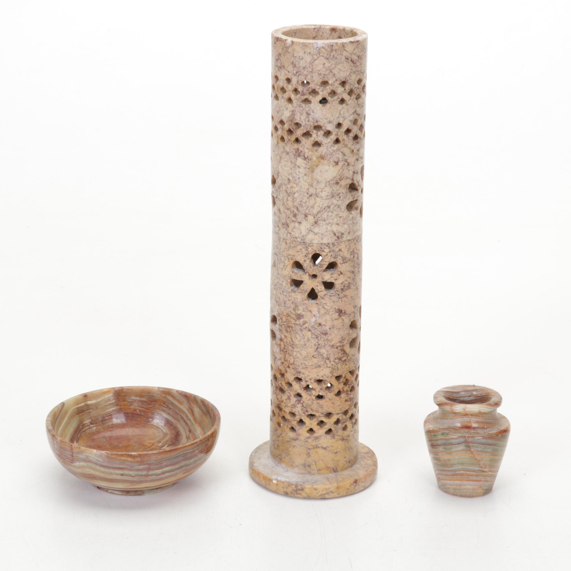 African Ebony Carving, Banded Calcite Bowl, Vase, Soapstone Censer and More