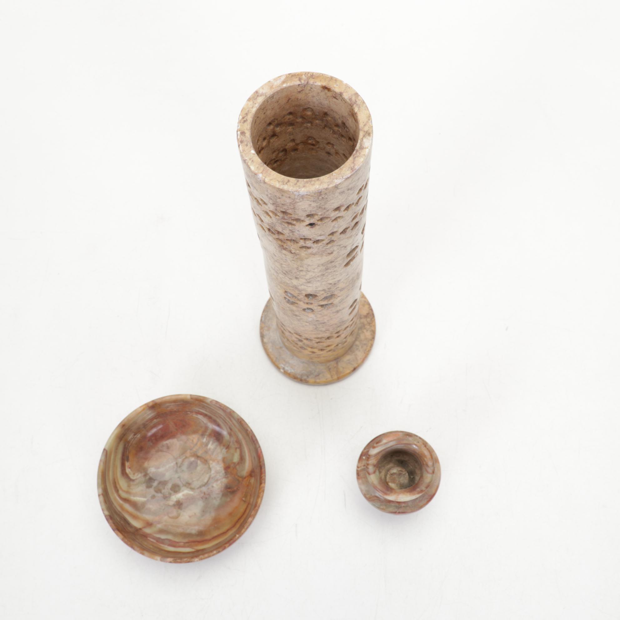 African Ebony Carving, Banded Calcite Bowl, Vase, Soapstone Censer and More