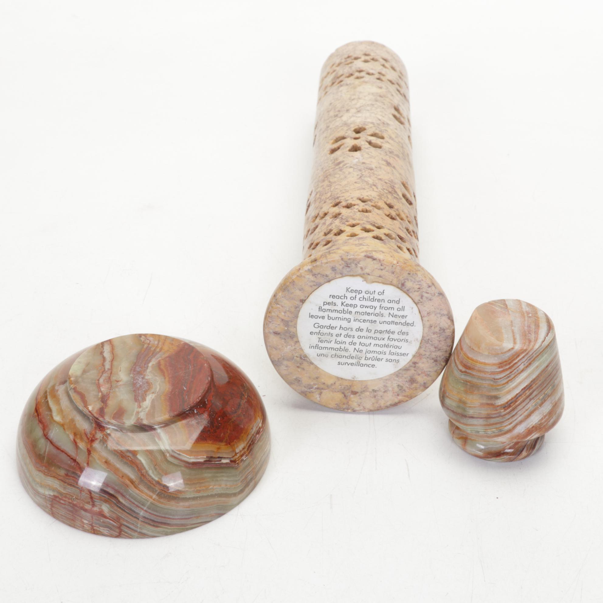 African Ebony Carving, Banded Calcite Bowl, Vase, Soapstone Censer and More