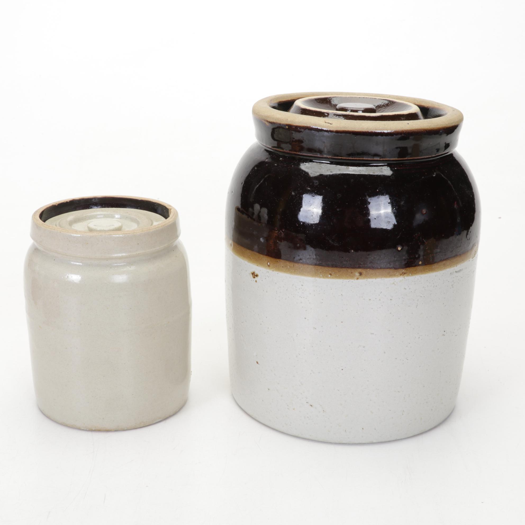 Stoneware Crocks and Jug with Copper Molds, 20th Century