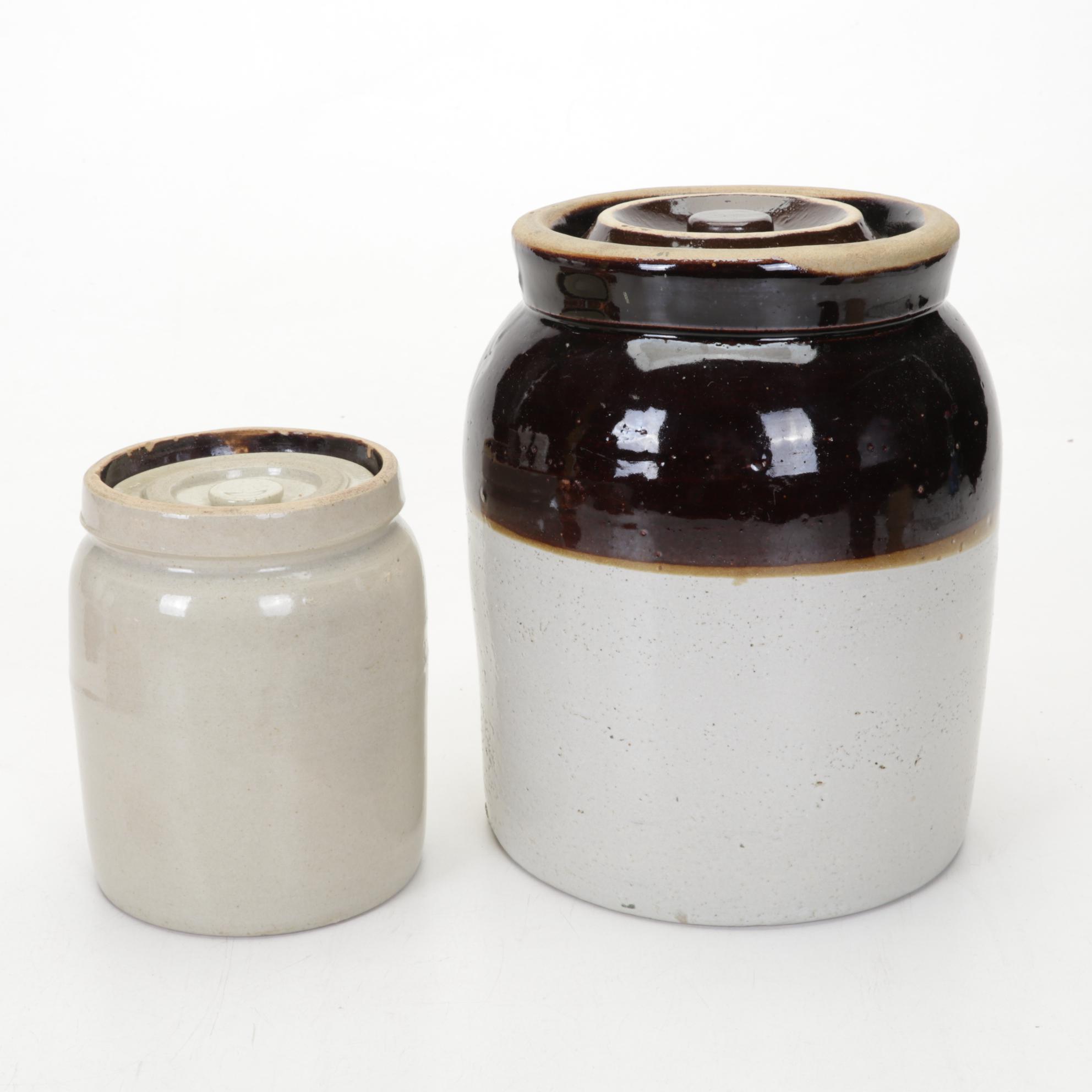 Stoneware Crocks and Jug with Copper Molds, 20th Century