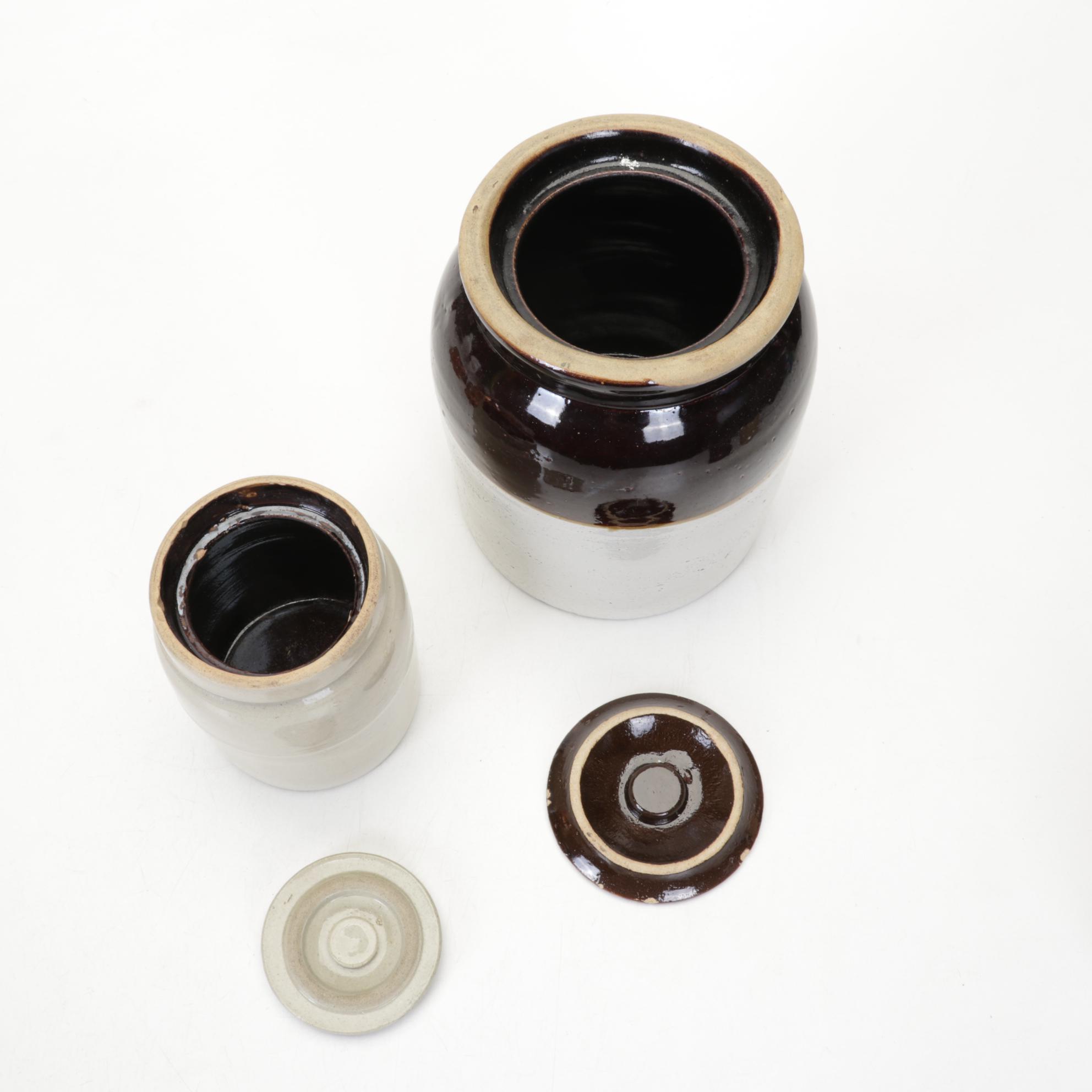 Stoneware Crocks and Jug with Copper Molds, 20th Century
