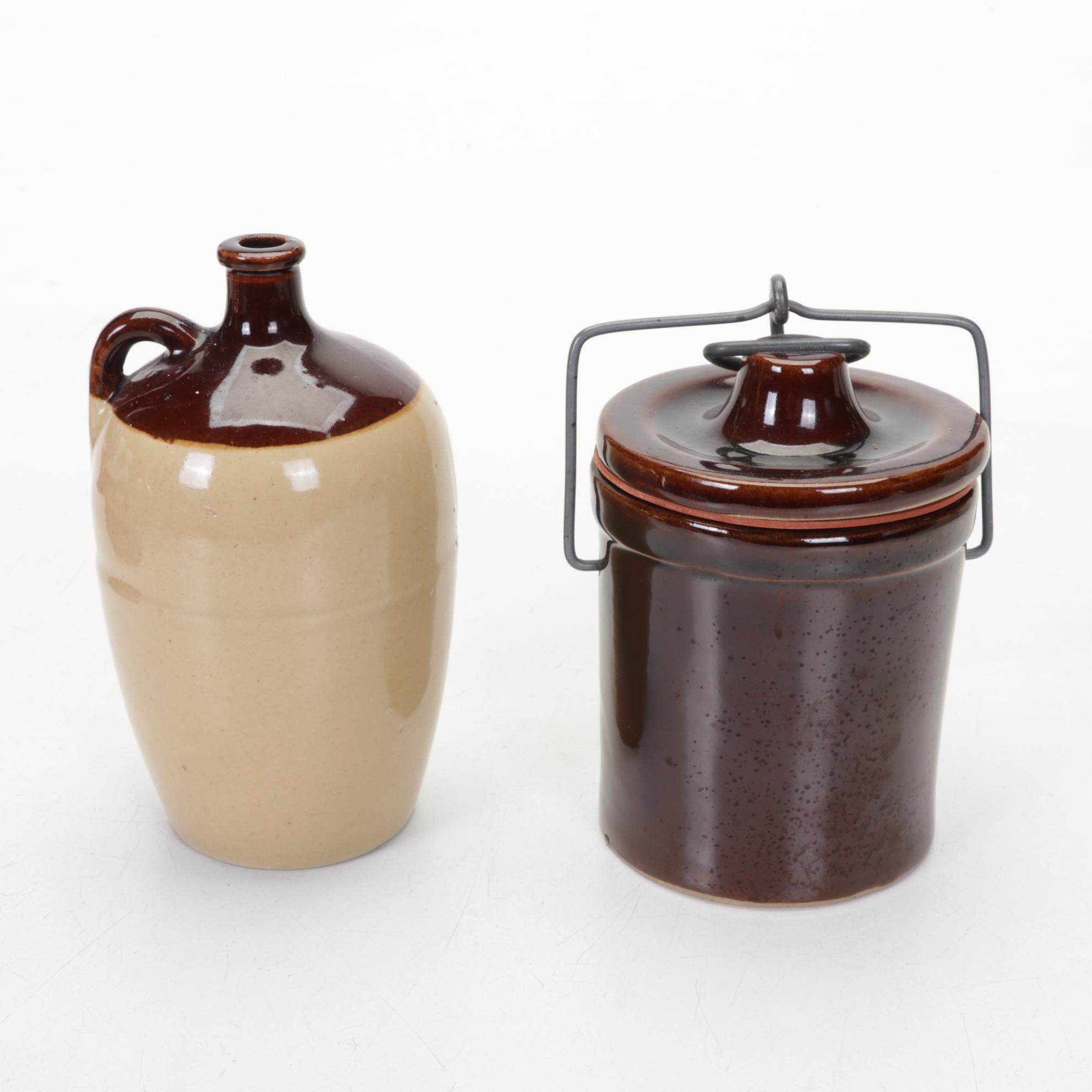 Stoneware Crocks and Jug with Copper Molds, 20th Century