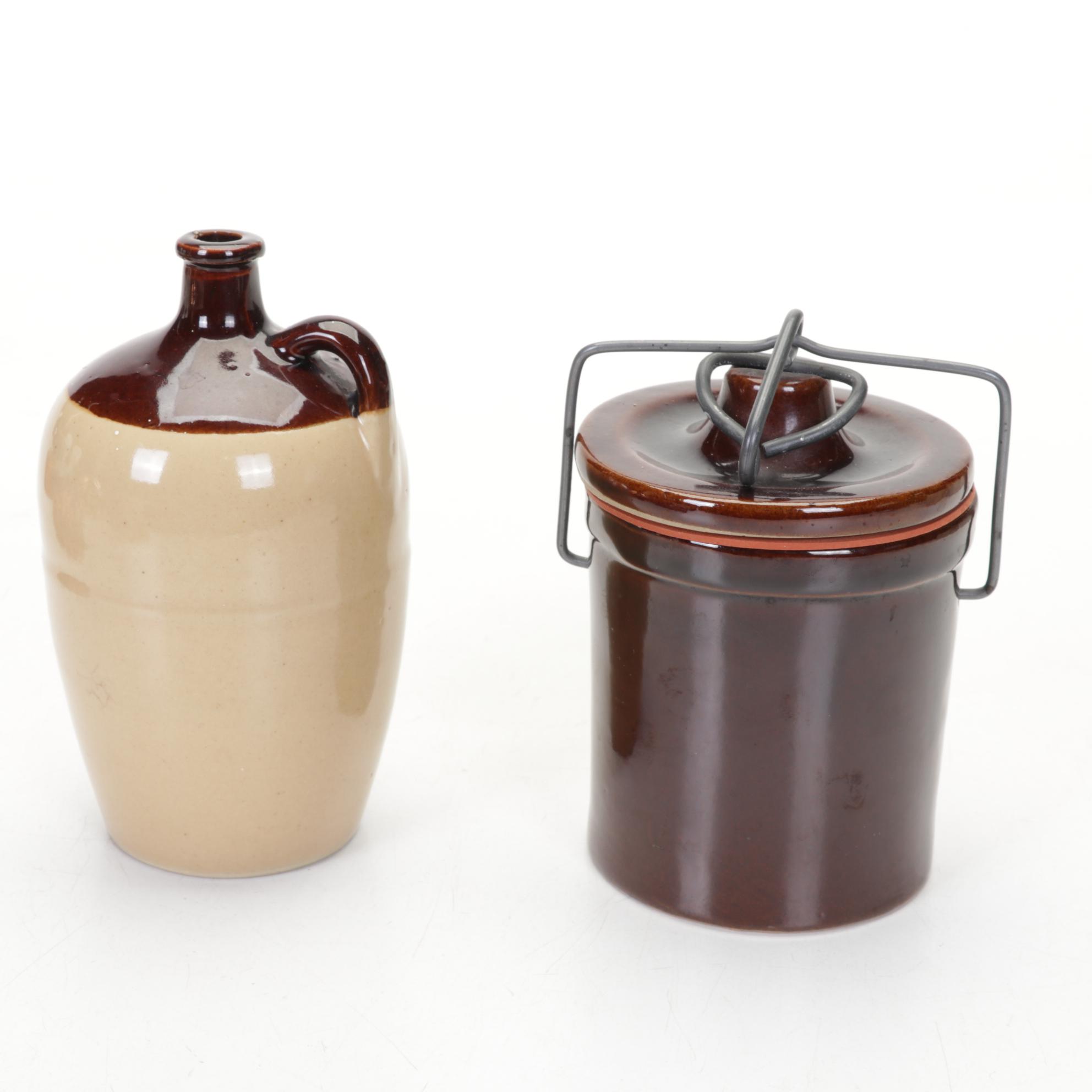 Stoneware Crocks and Jug with Copper Molds, 20th Century