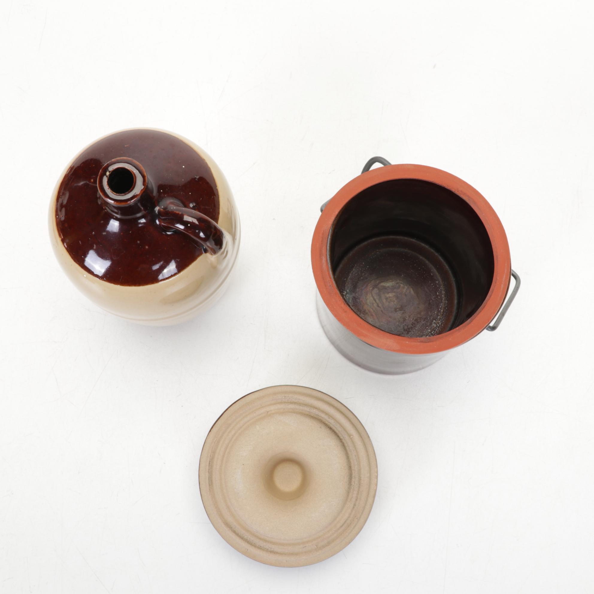 Stoneware Crocks and Jug with Copper Molds, 20th Century