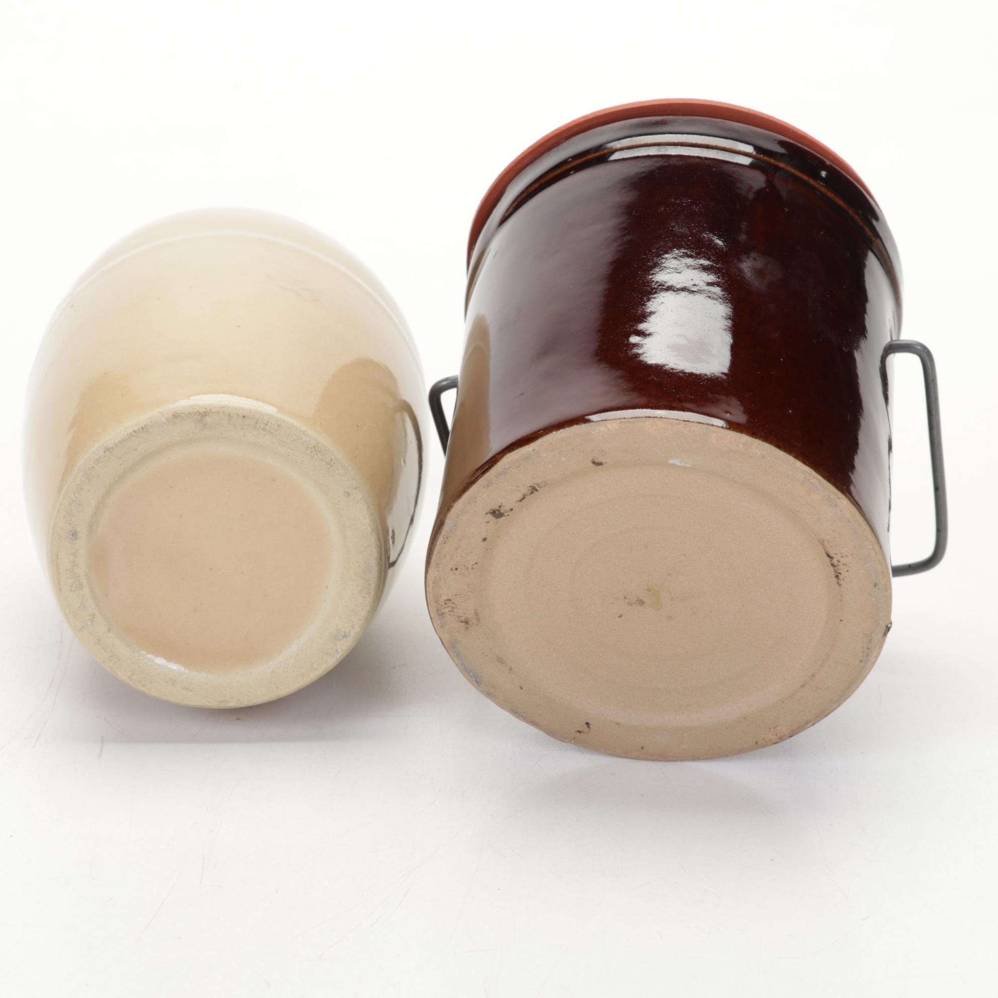 Stoneware Crocks and Jug with Copper Molds, 20th Century