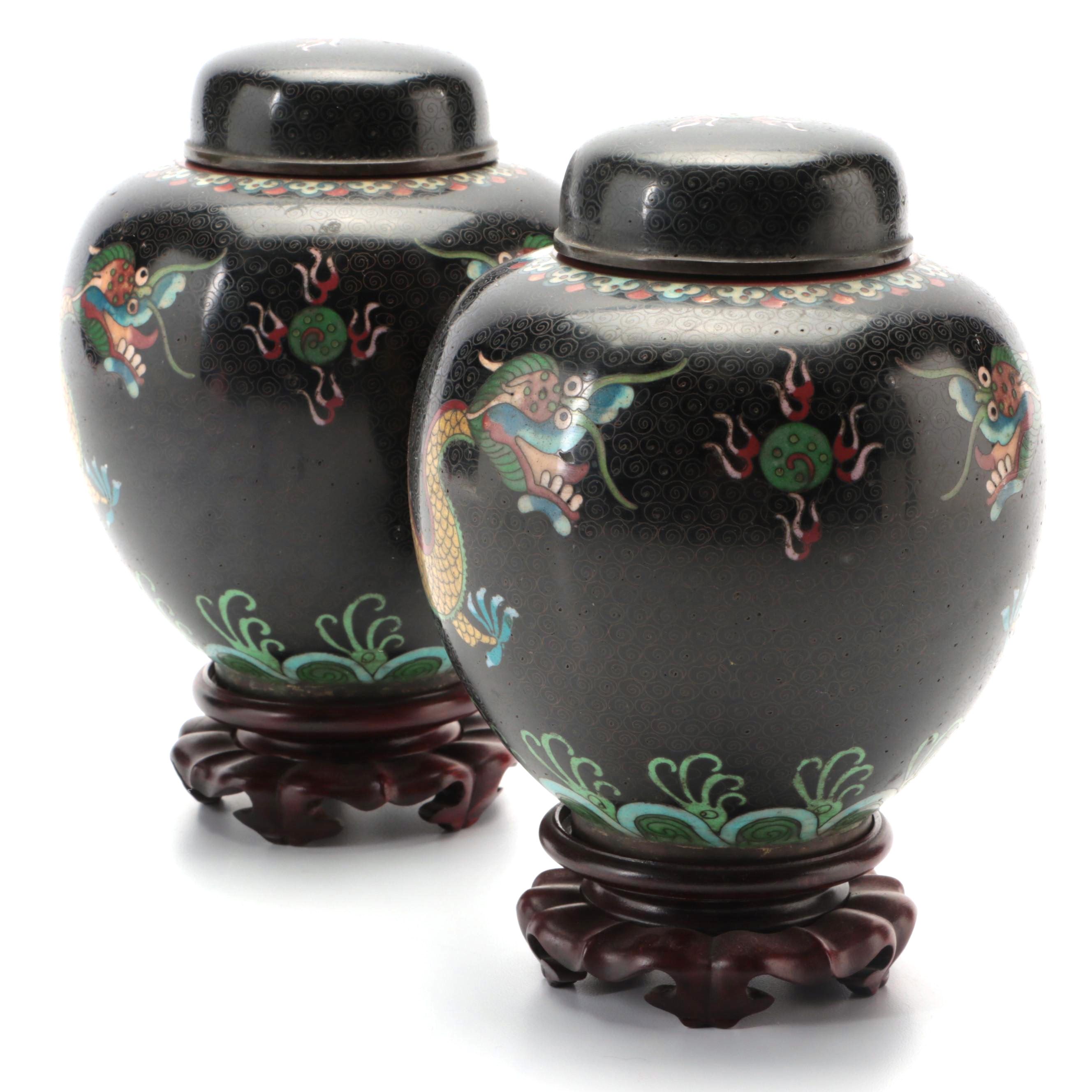 Chinese Cloisonné Dragon Chasing Pearl Motif Ginger Jar Pair, 20th Century