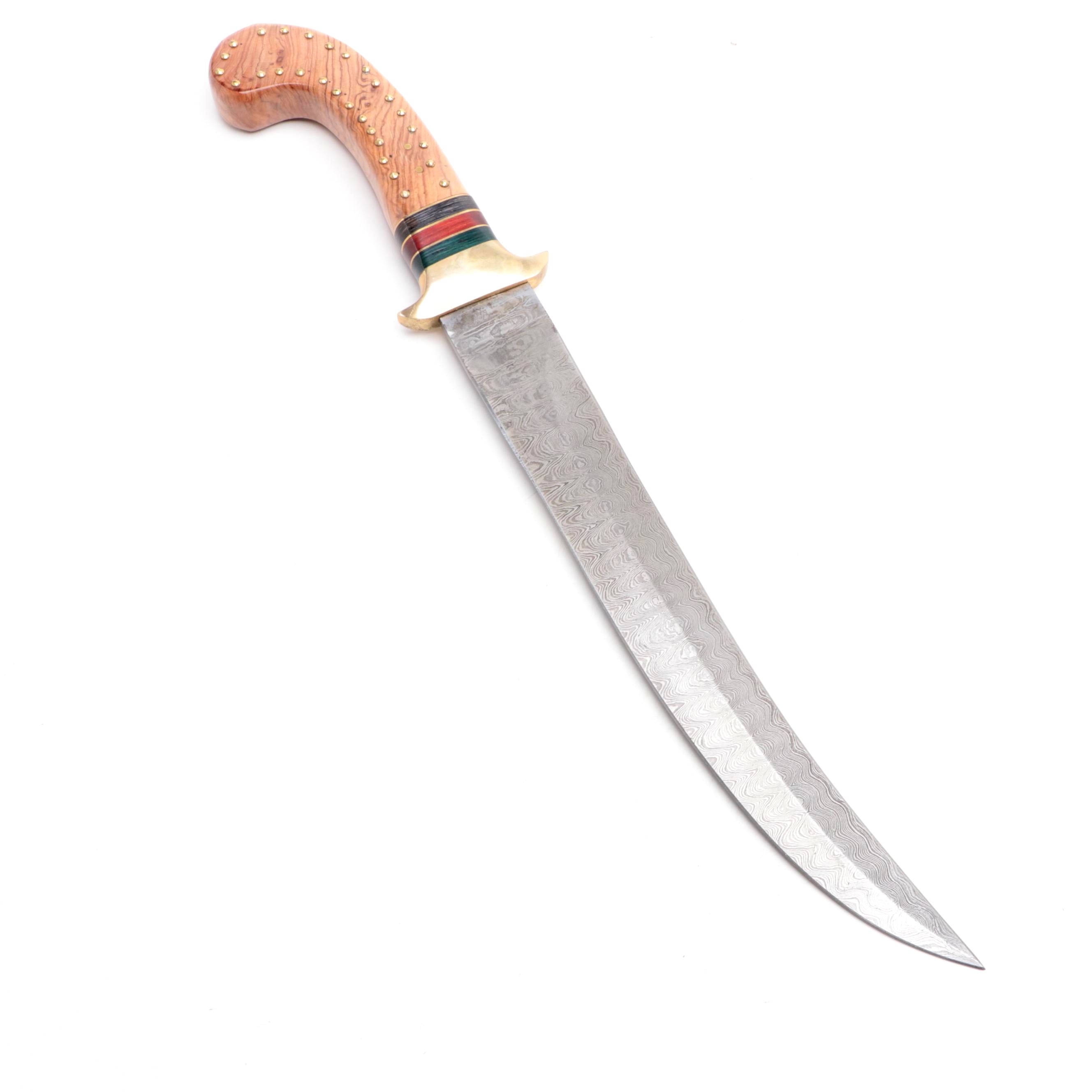 Khyber Damascus Steel and Wooden Handled Bowie Knife with Leather Scabbard