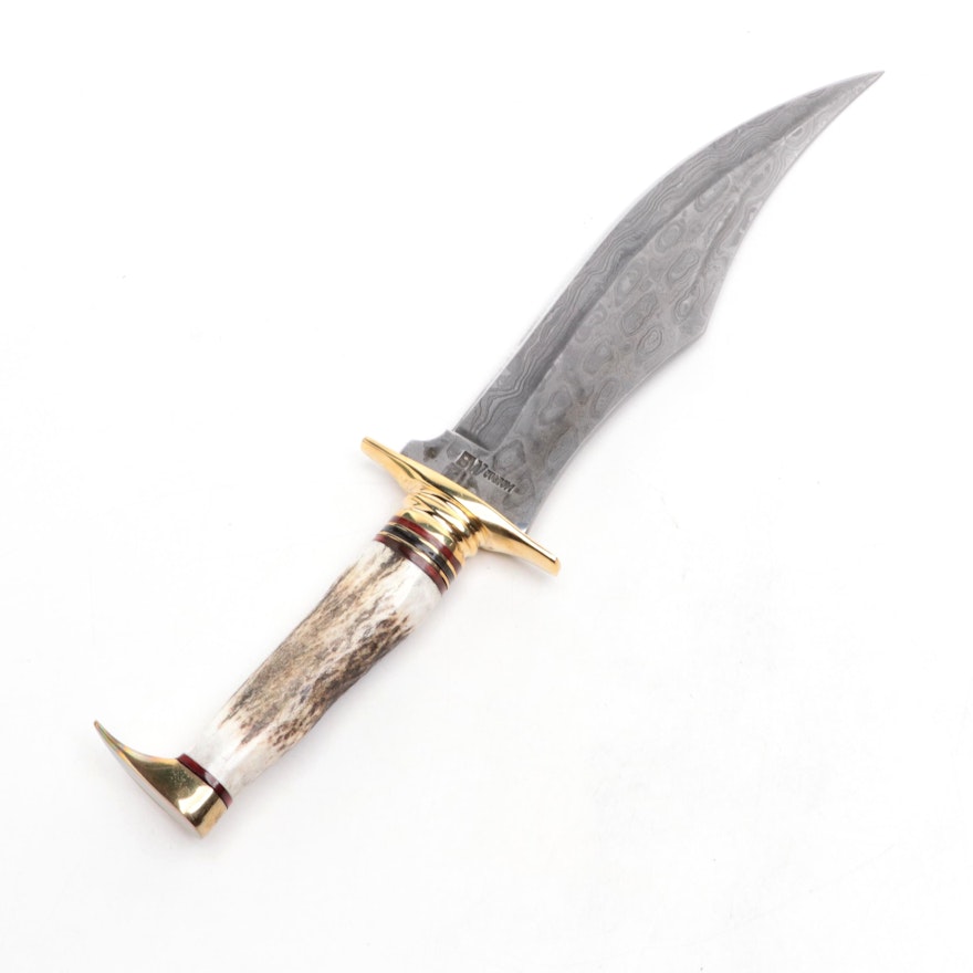 BW Custom Damascus Steel and Bone-Handled Skinner Knife with Scabbard